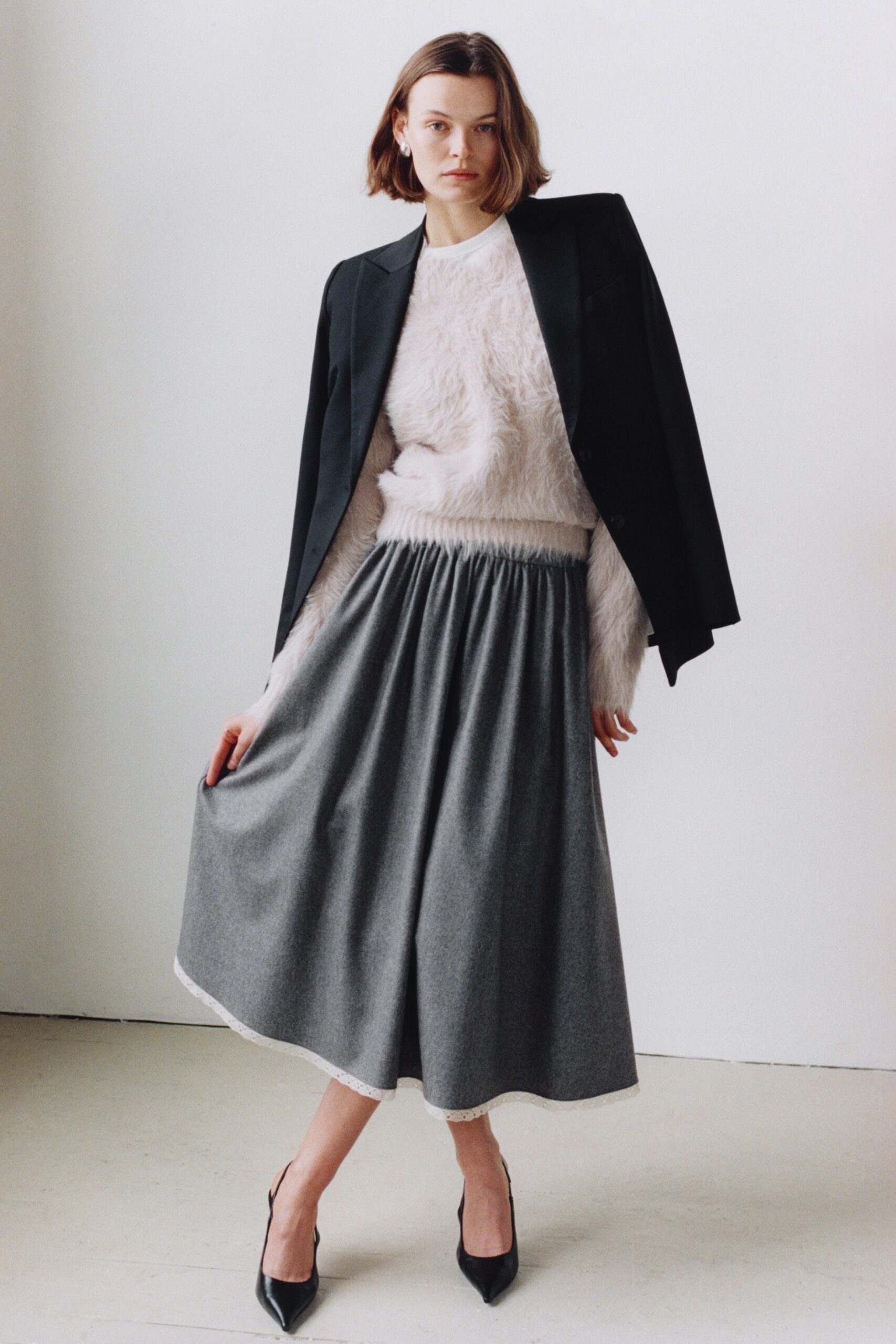 white wool long-sleeve collared fitted textured sweater