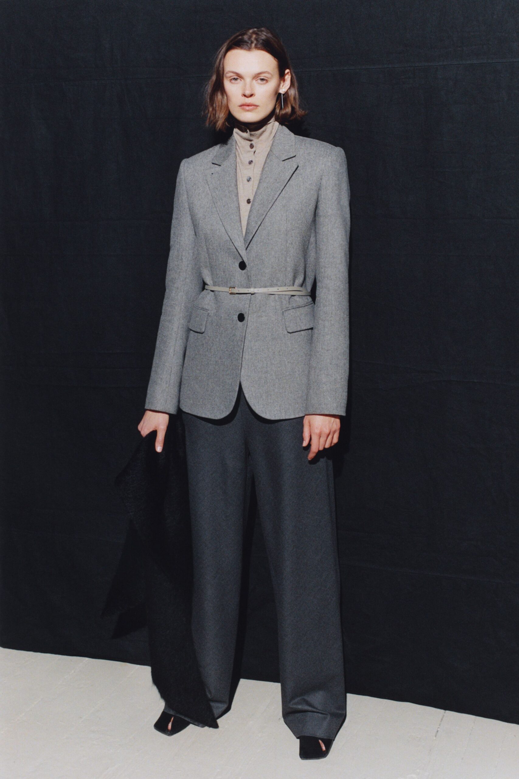 gray tailored blazer with wide-leg pants