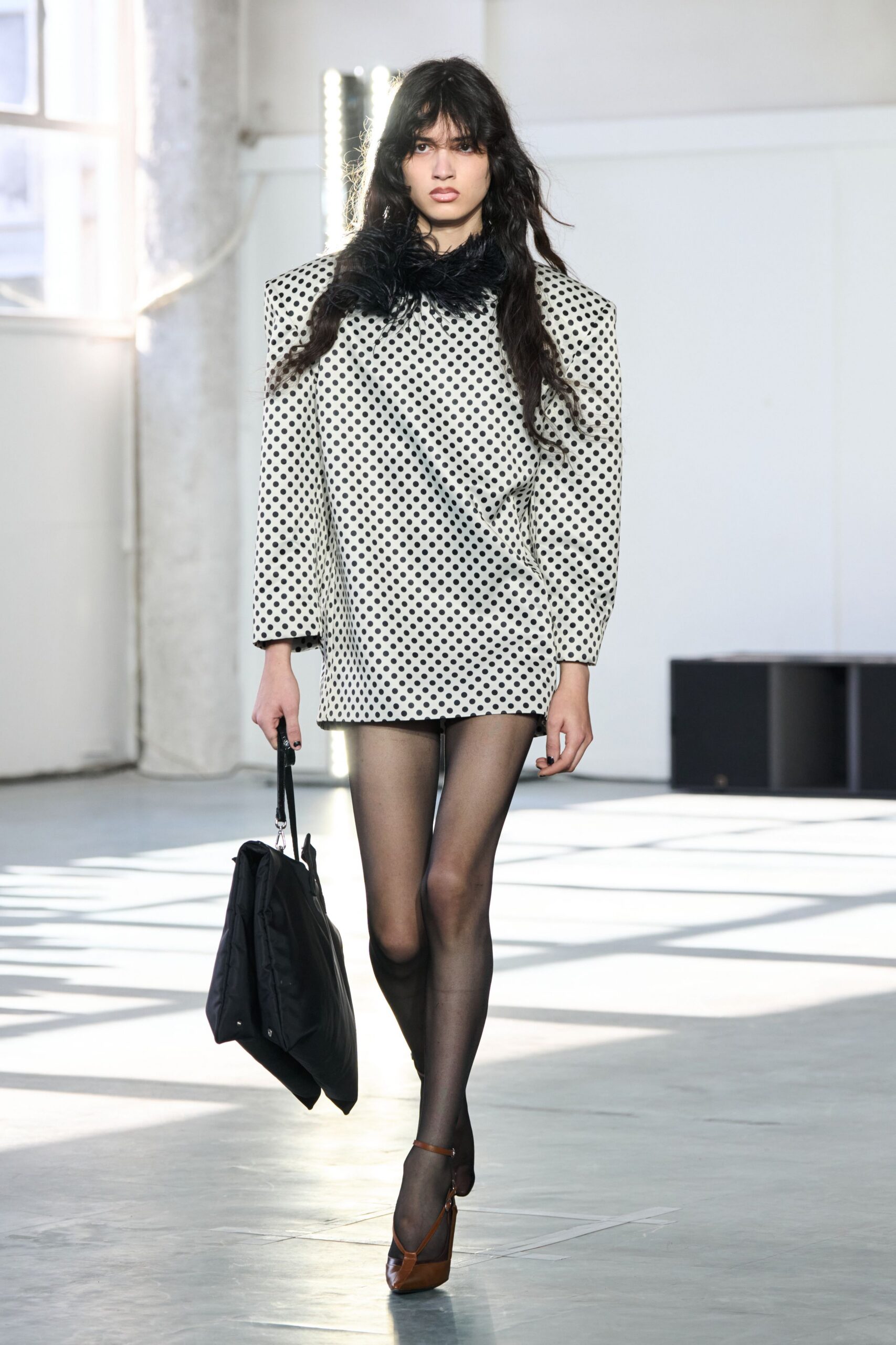 white cotton long-sleeve collared fitted structured polka-dot dress