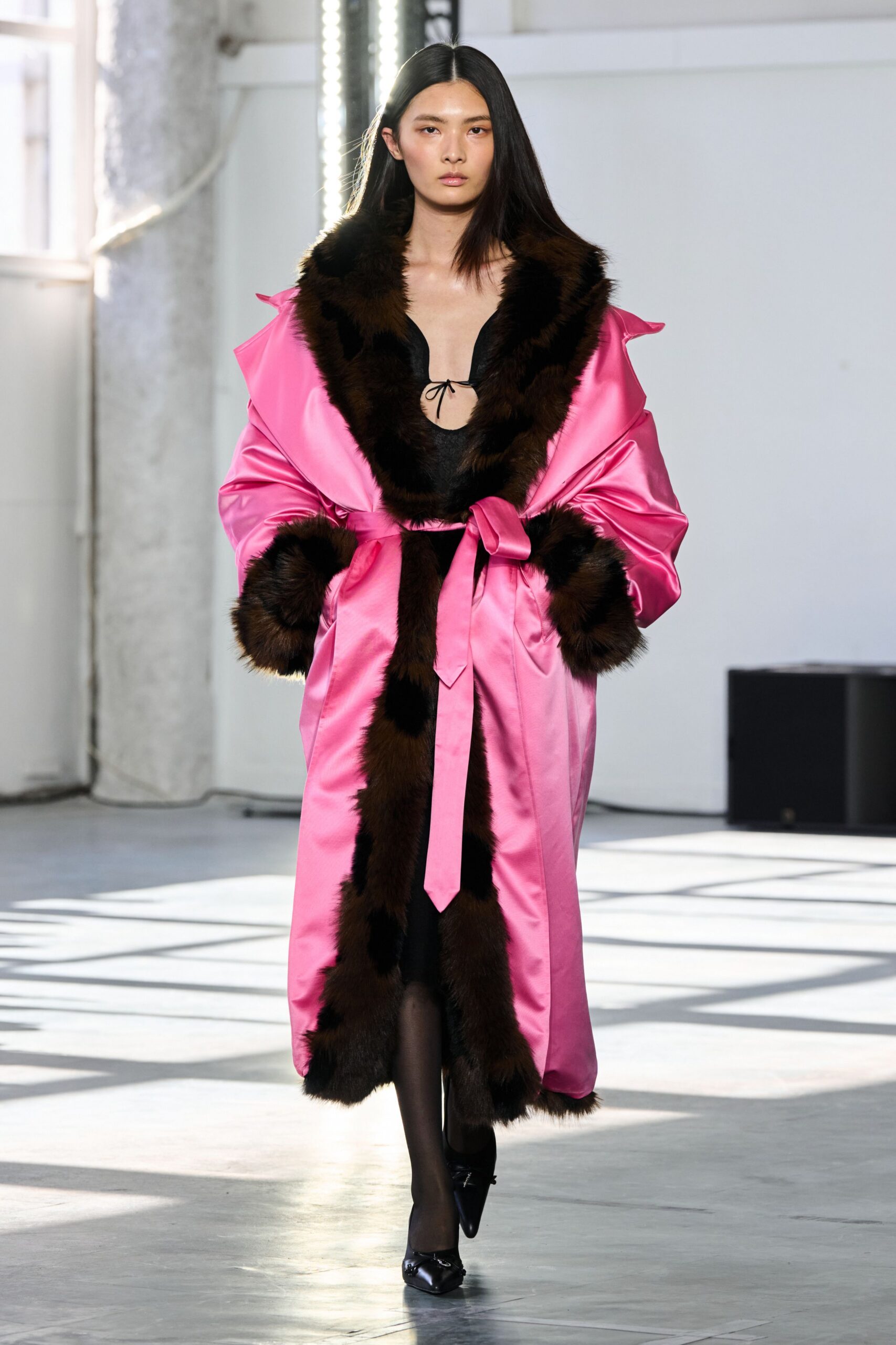 pink silk long-sleeve collared relaxed belted coat