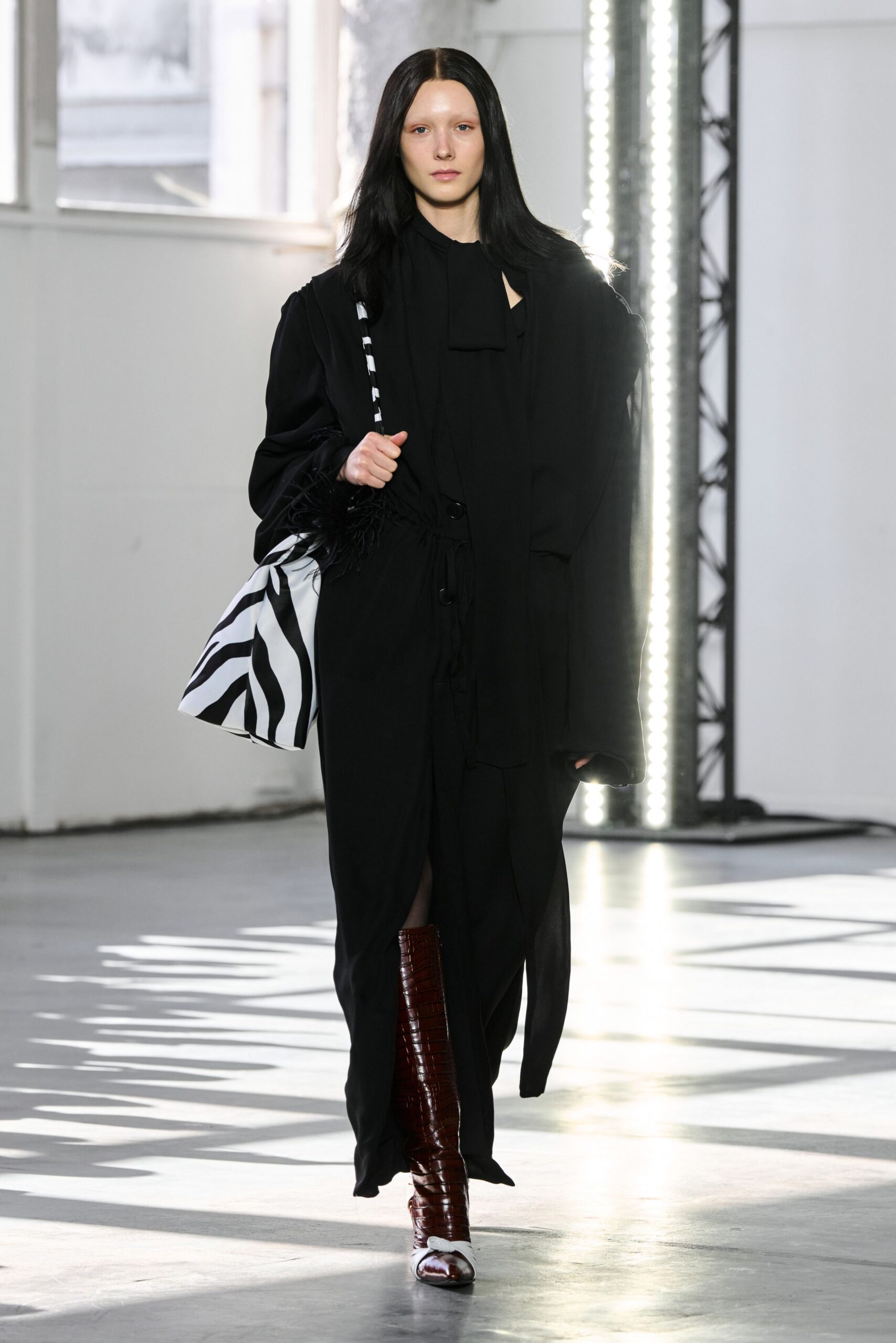 black silk long-sleeve collared relaxed draped maxi dress