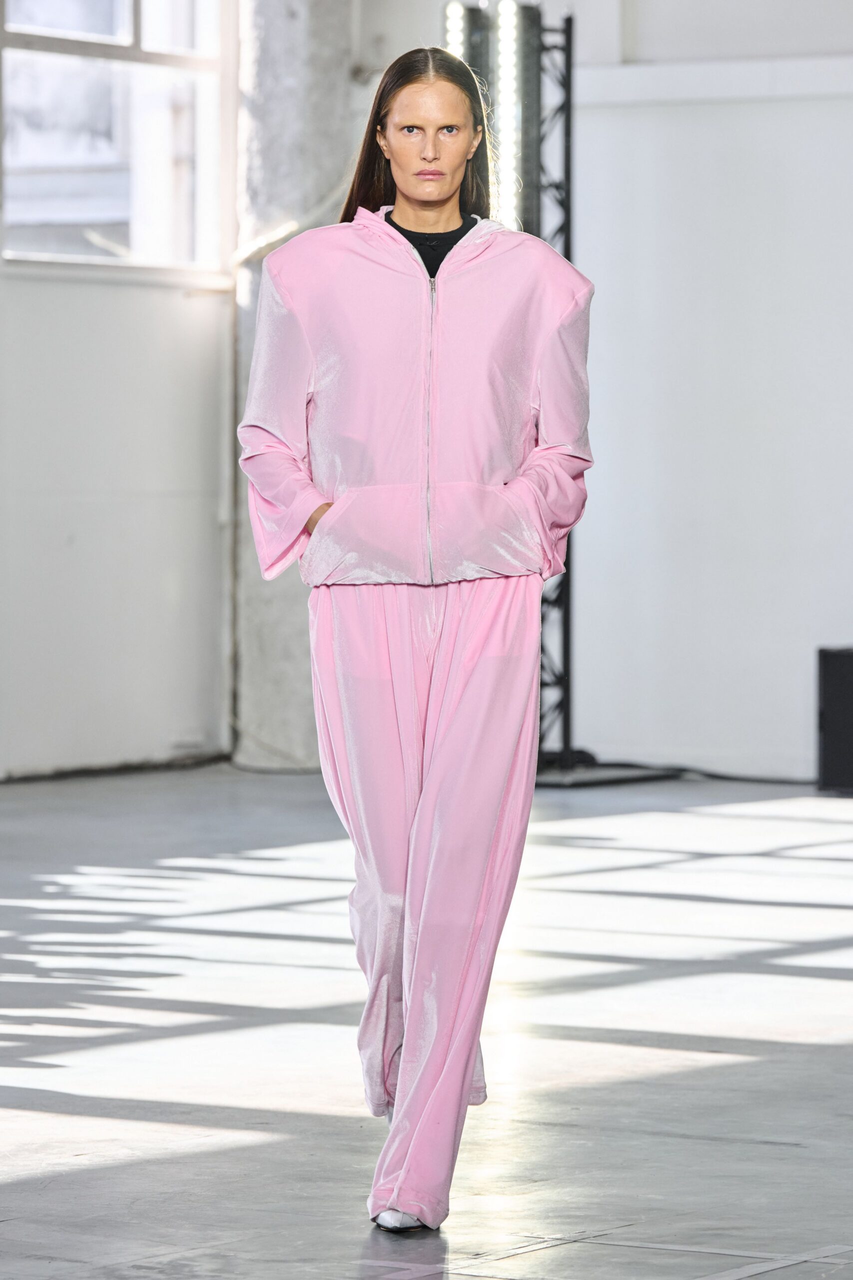 pink silk long-sleeve hooded relaxed zippered shiny jumpsuit