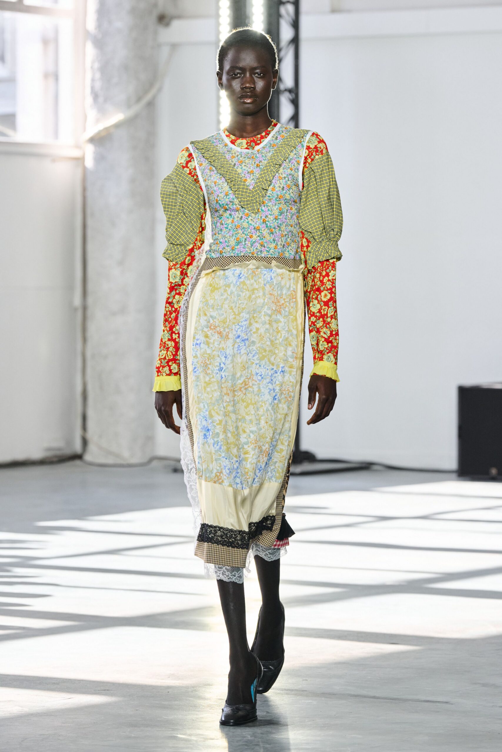 yellow cotton long-sleeve fitted floral embroidered midi dress