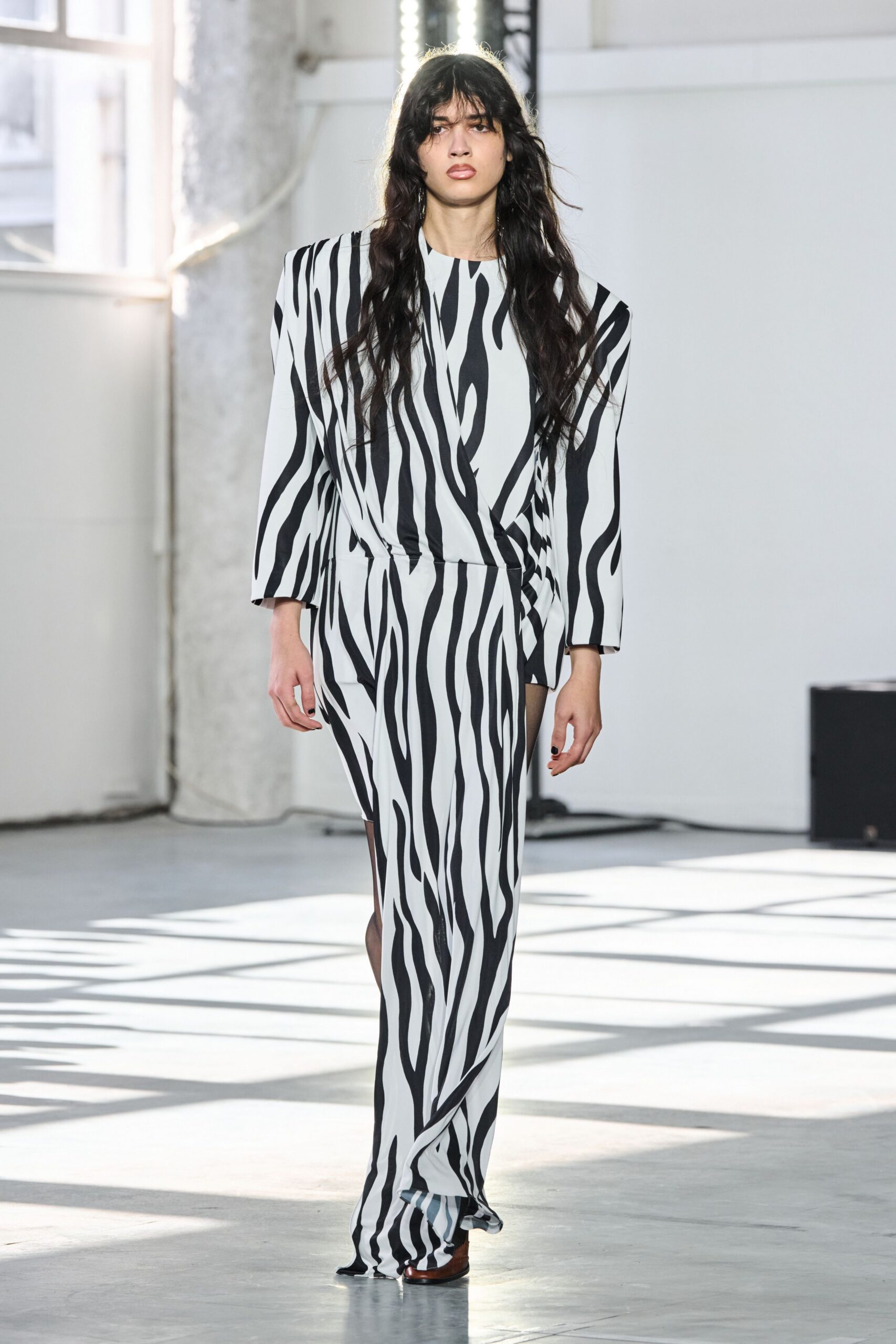 black silk long-sleeve v-neck fitted printed maxi dress