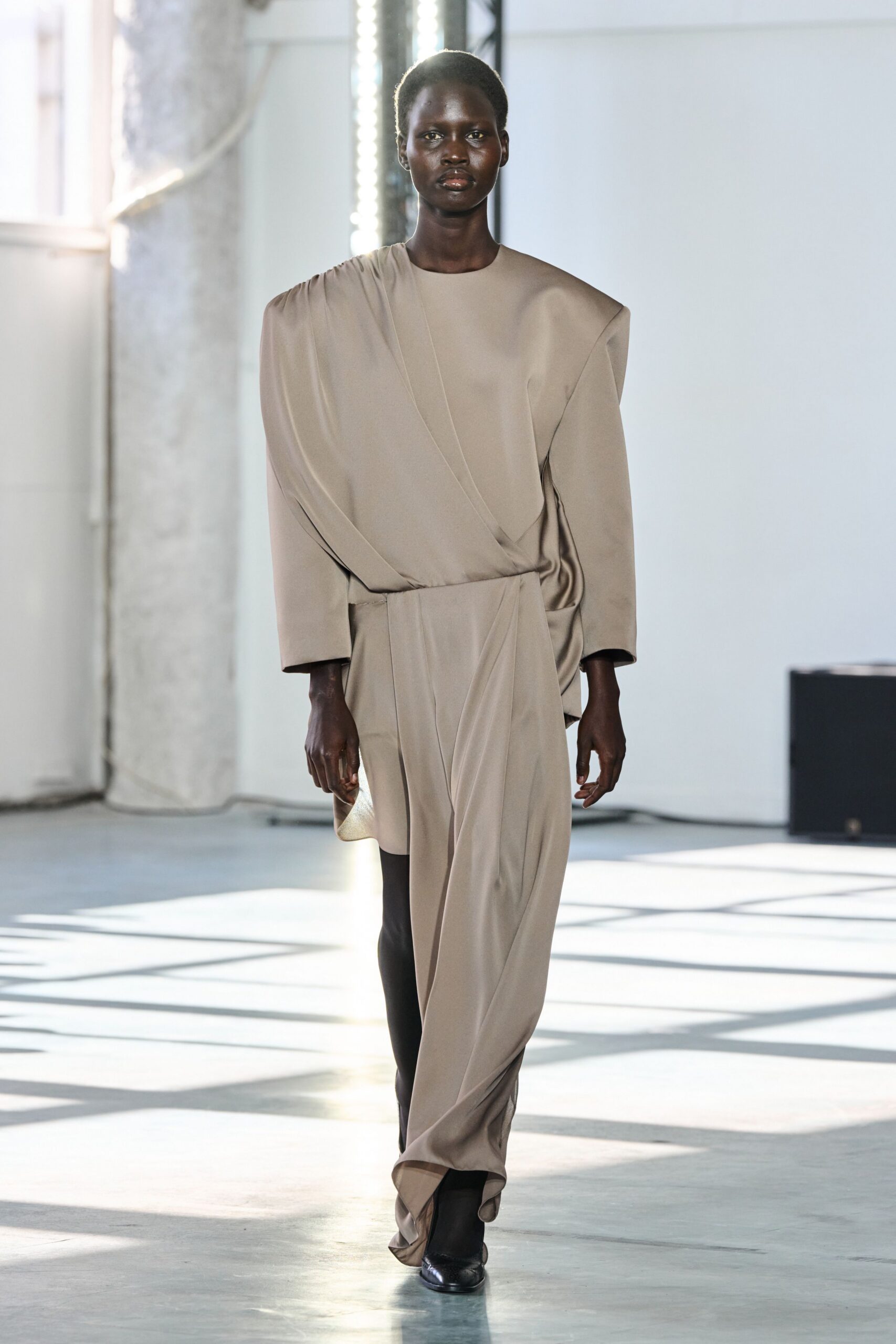 beige silk long-sleeve v-neck fitted draped flowing dress