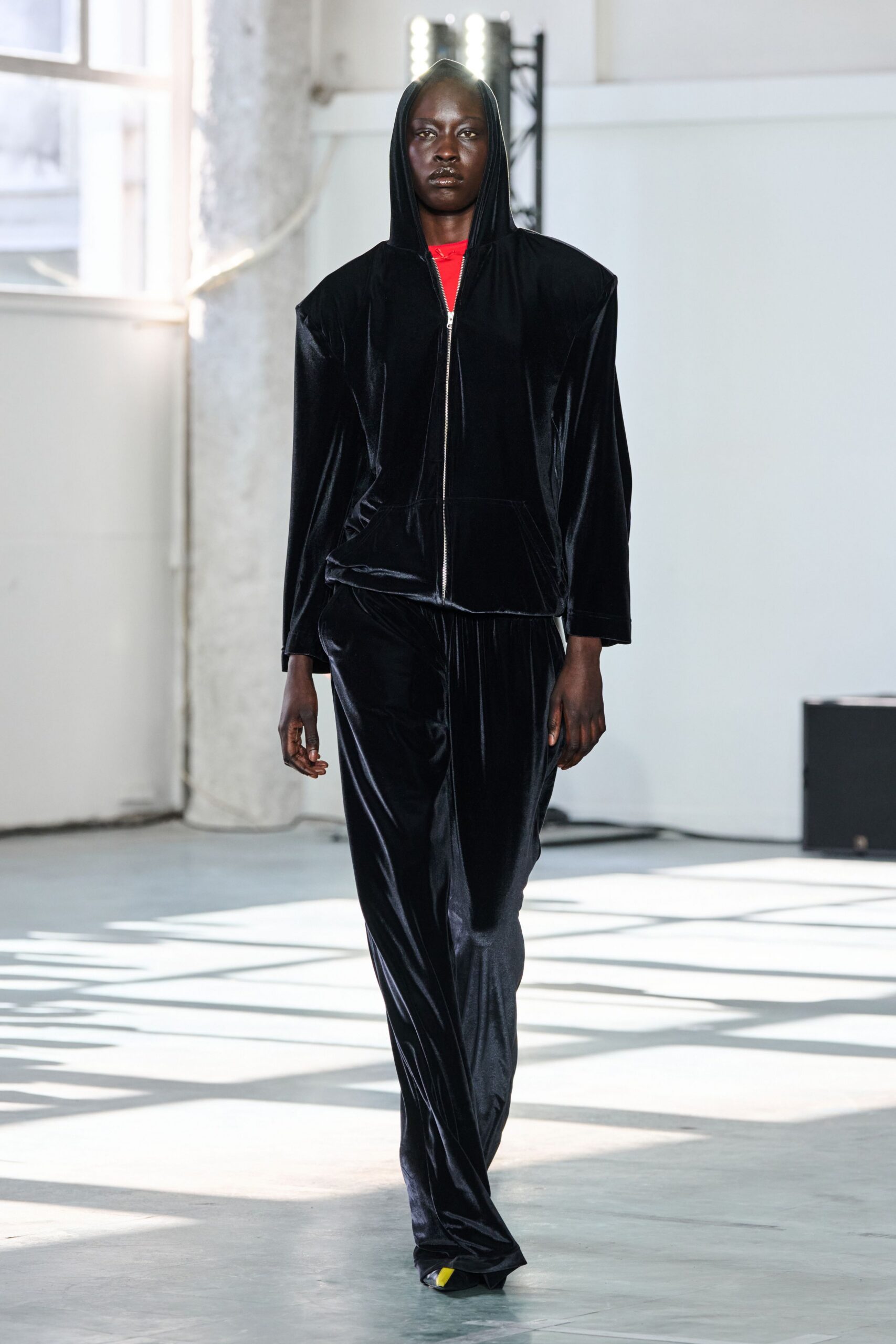 black velvet hooded long-sleeve relaxed shiny jacket