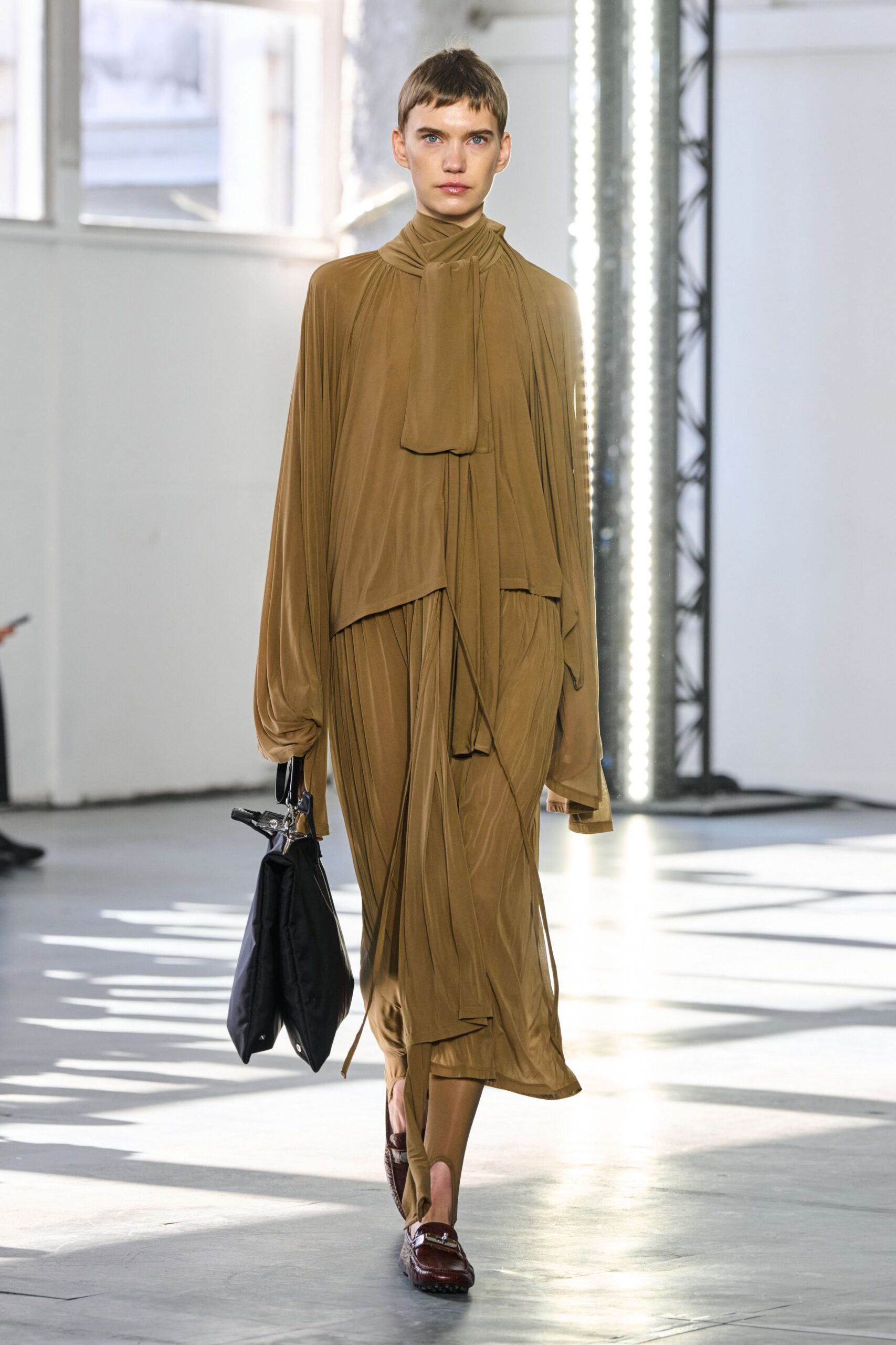 brown silk long-sleeve high-neck relaxed draped flowing dress
