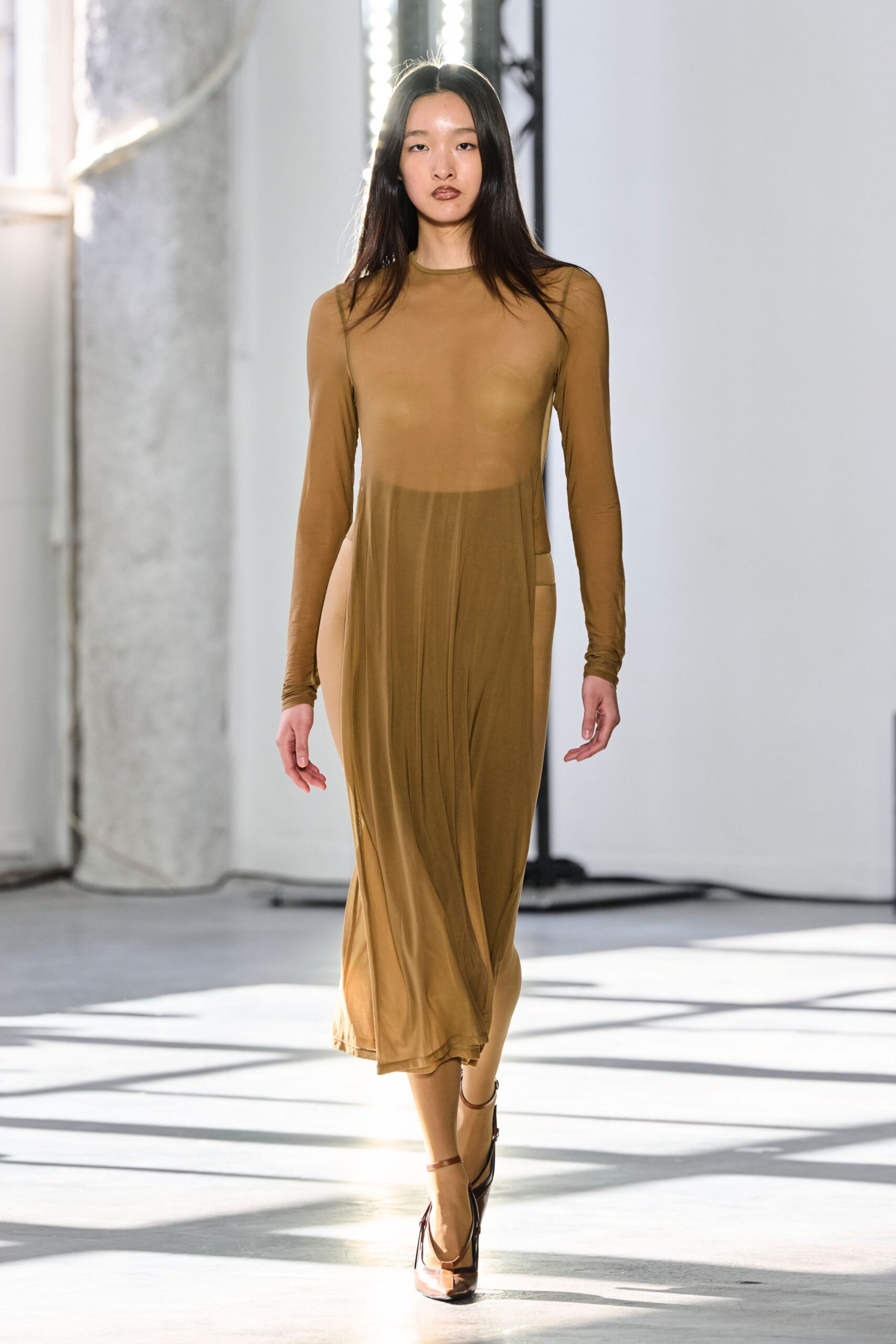 brown silk long-sleeve v-neck fitted draped dress