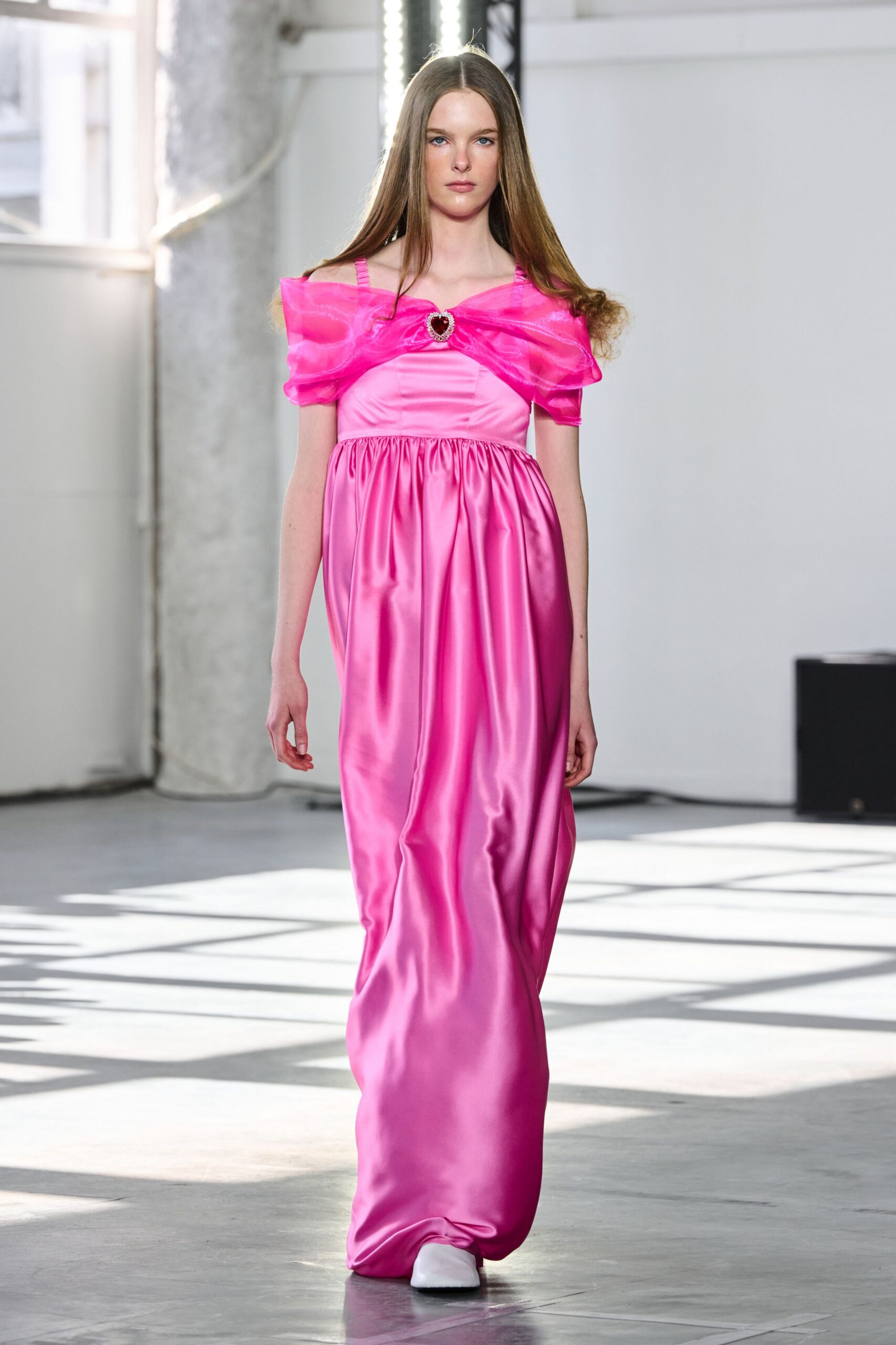 pink satin short-sleeve off-shoulder fitted draped shiny gown