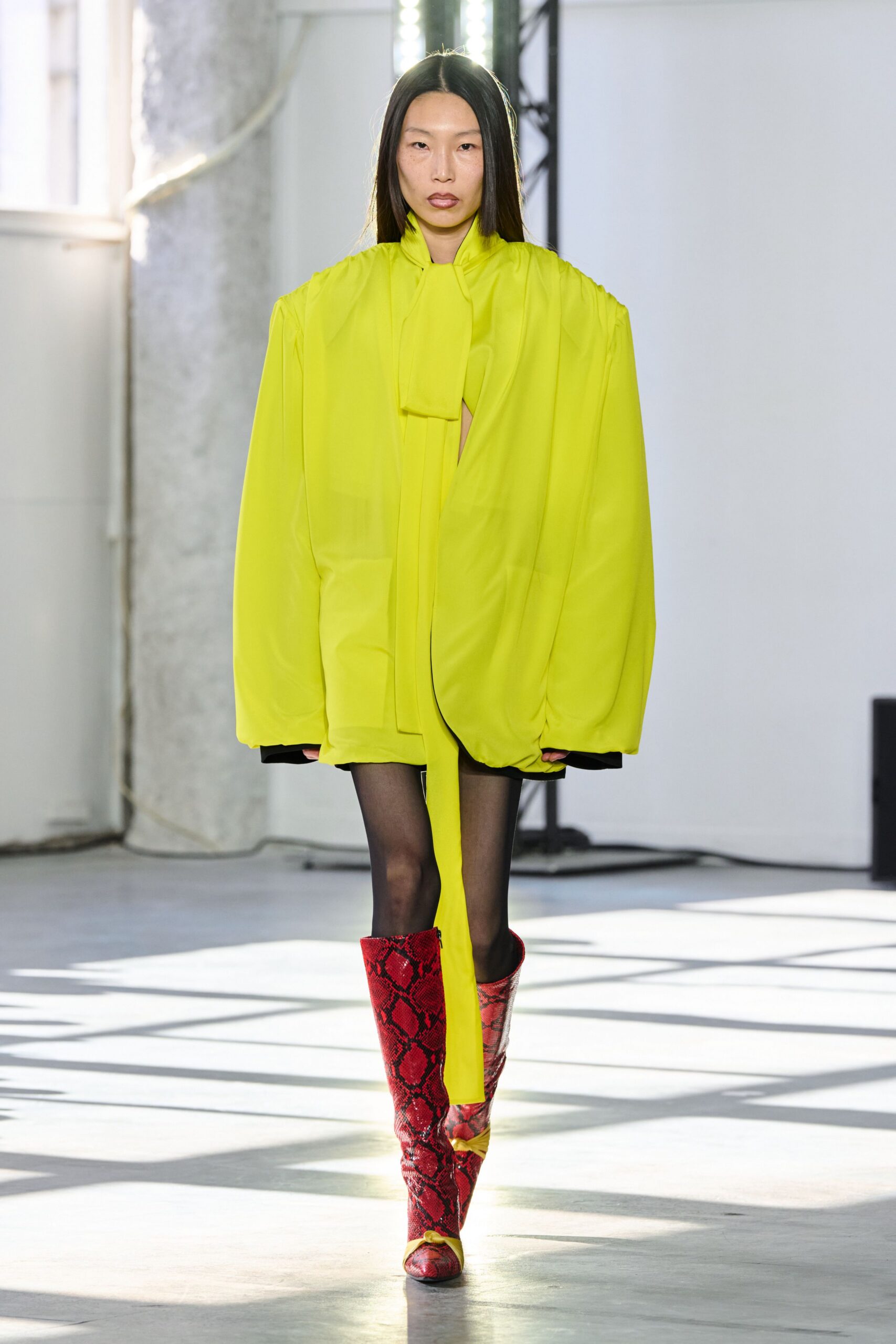 yellow silk long-sleeve collared oversized draped top