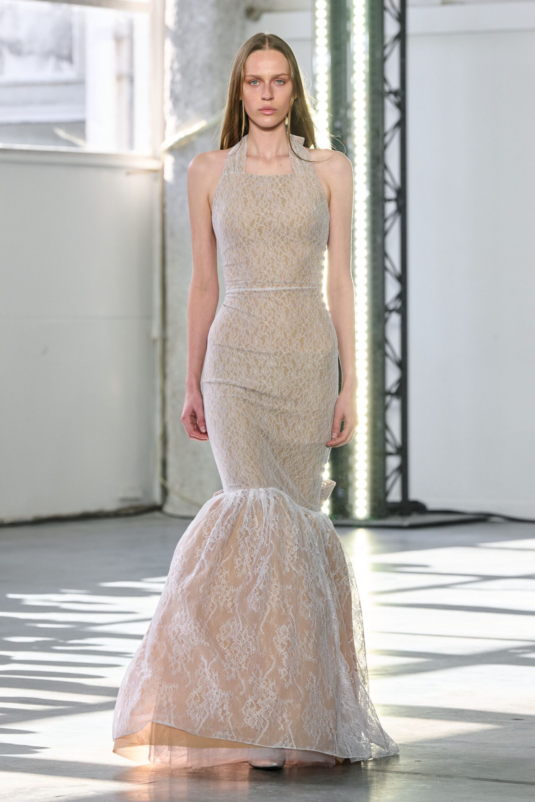 beige lace sleeveless gown