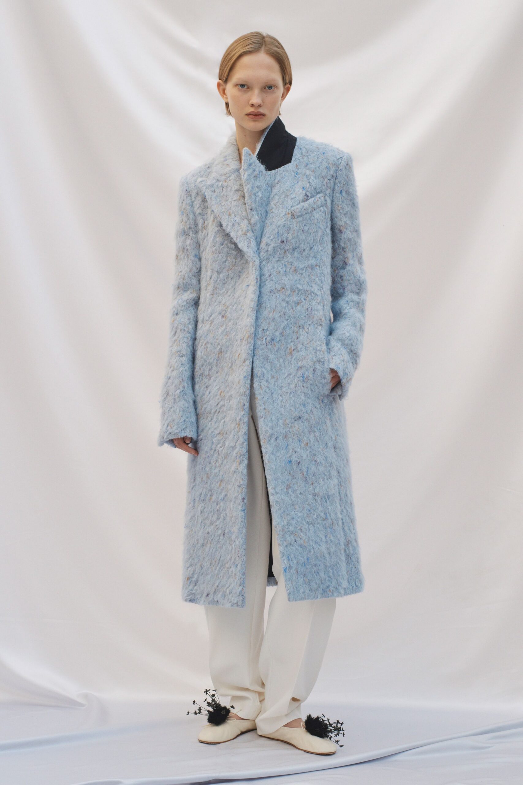 blue wool long-sleeve collared relaxed textured maxi coat