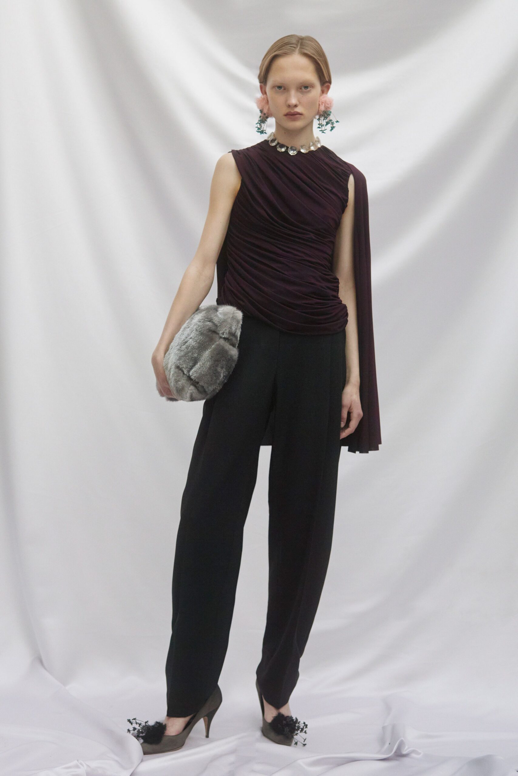 purple silk sleeveless asymmetric fitted ruched top