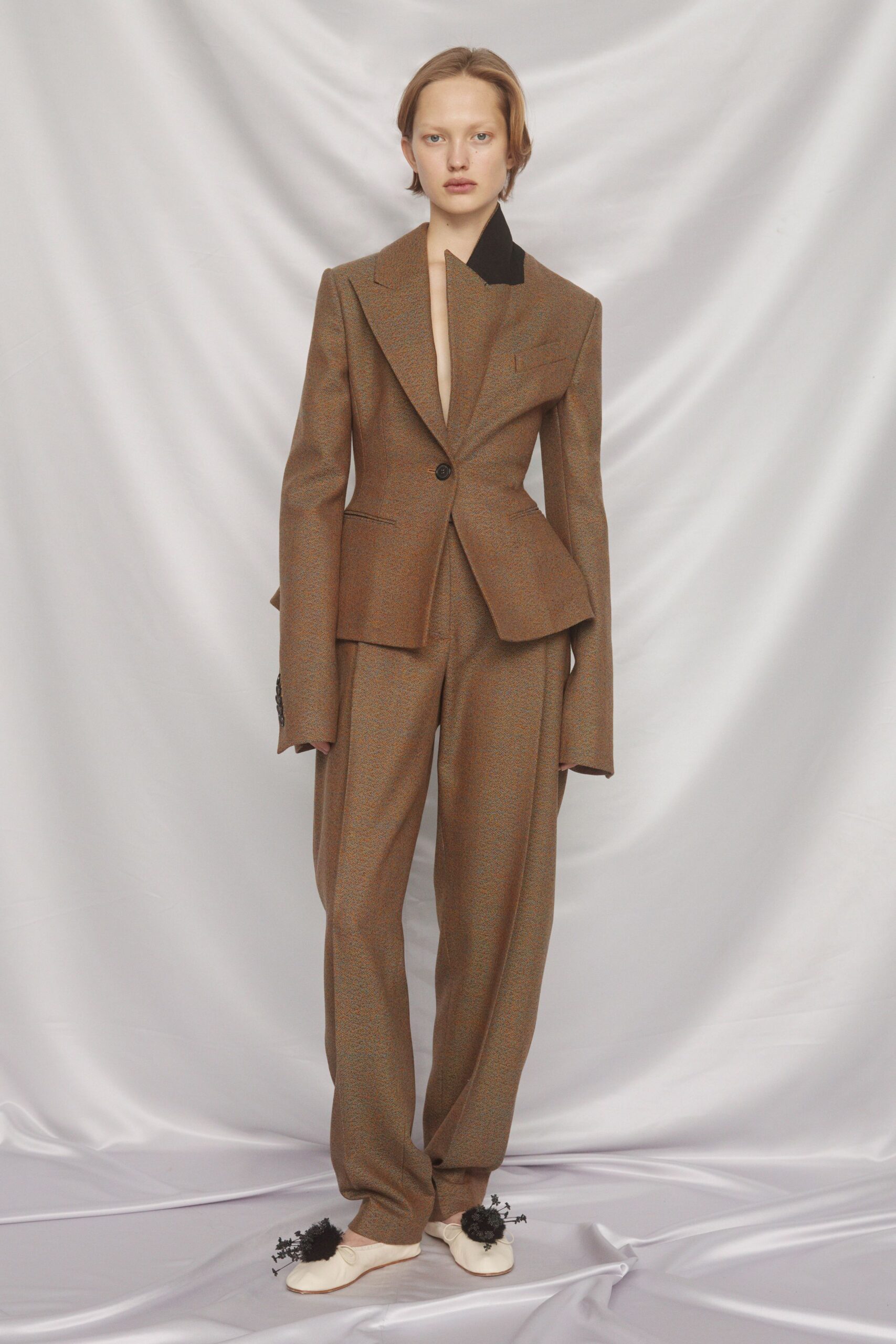 brown wool long-sleeve collared tailored structured buttoned suit