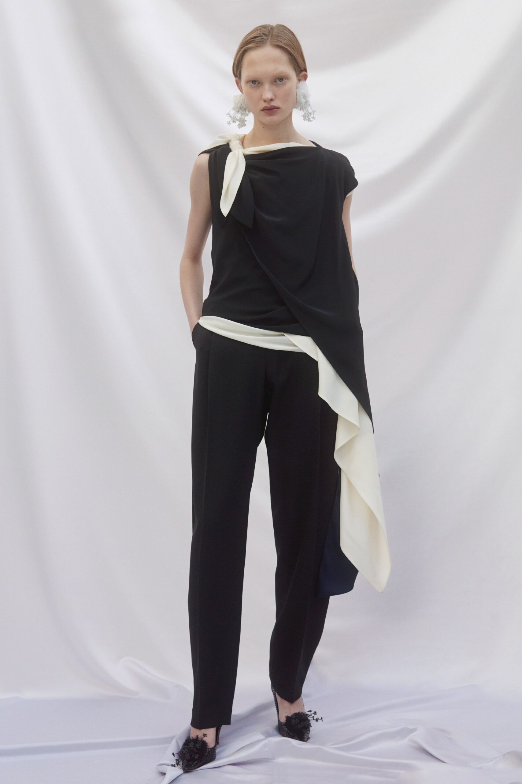 black silk sleeveless asymmetric relaxed draped top