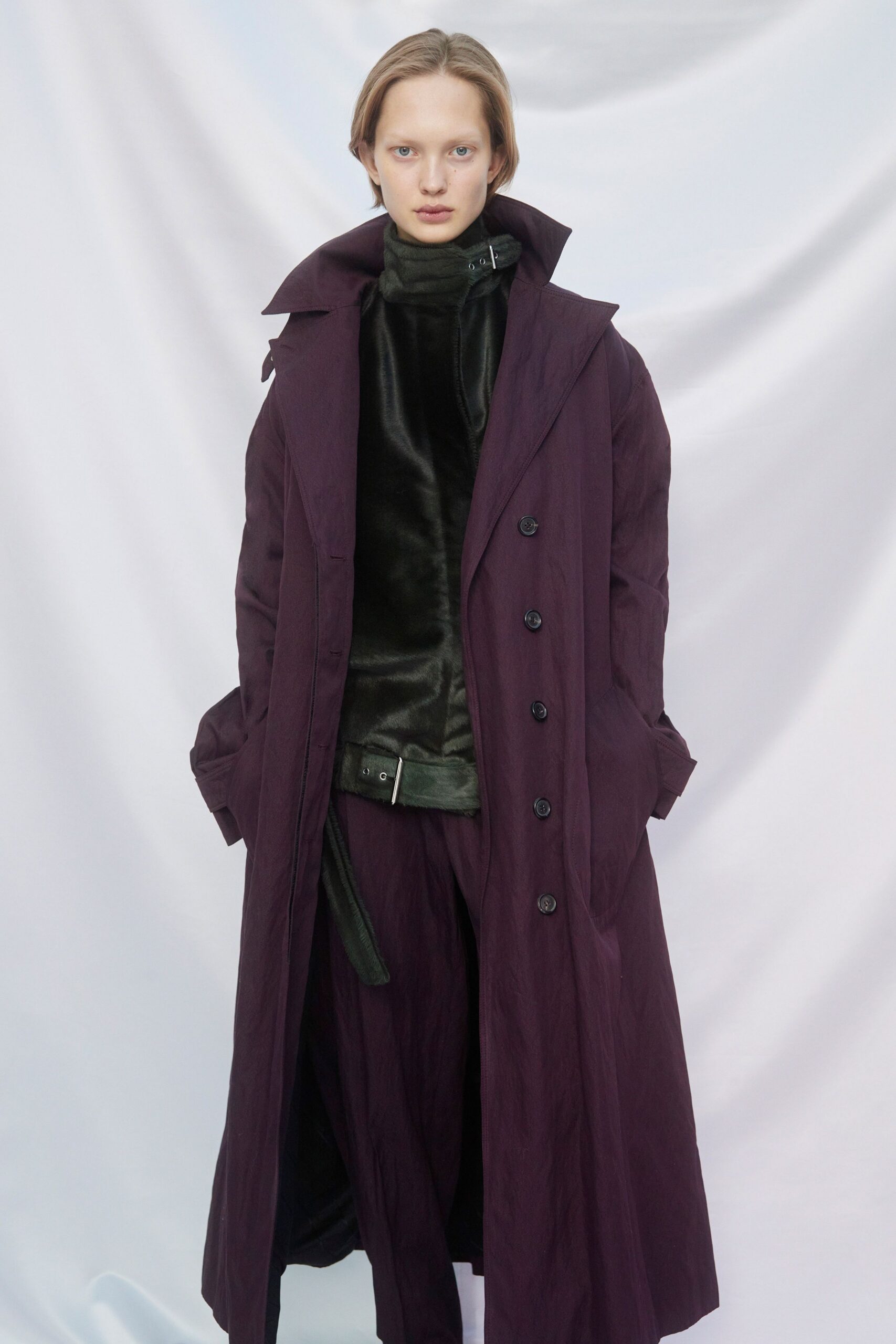 purple cotton long-sleeve collared relaxed buttoned maxi coat