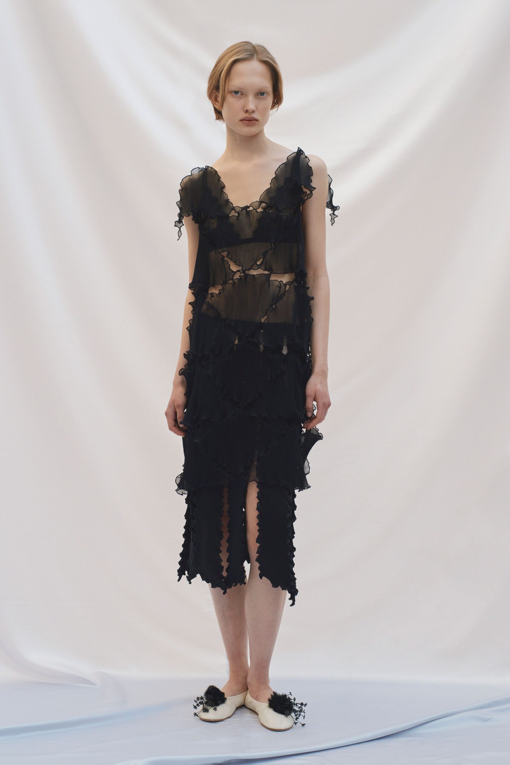 black lace sleeveless v-neck fitted layered ruffled dress