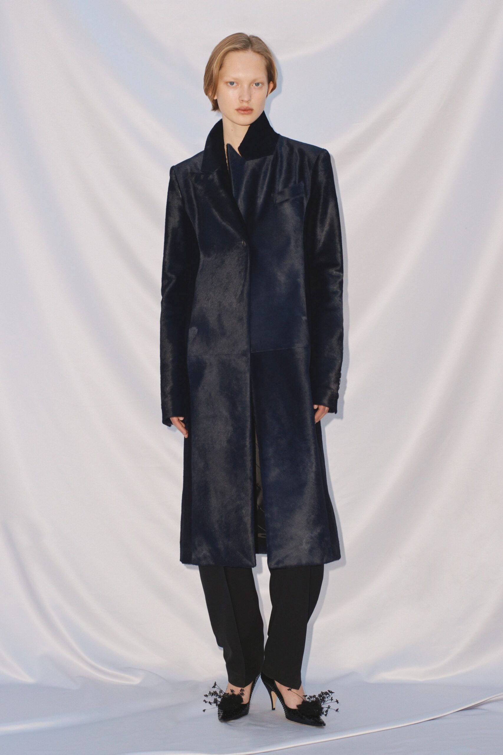 blue velvet long-sleeve collared fitted maxi coat