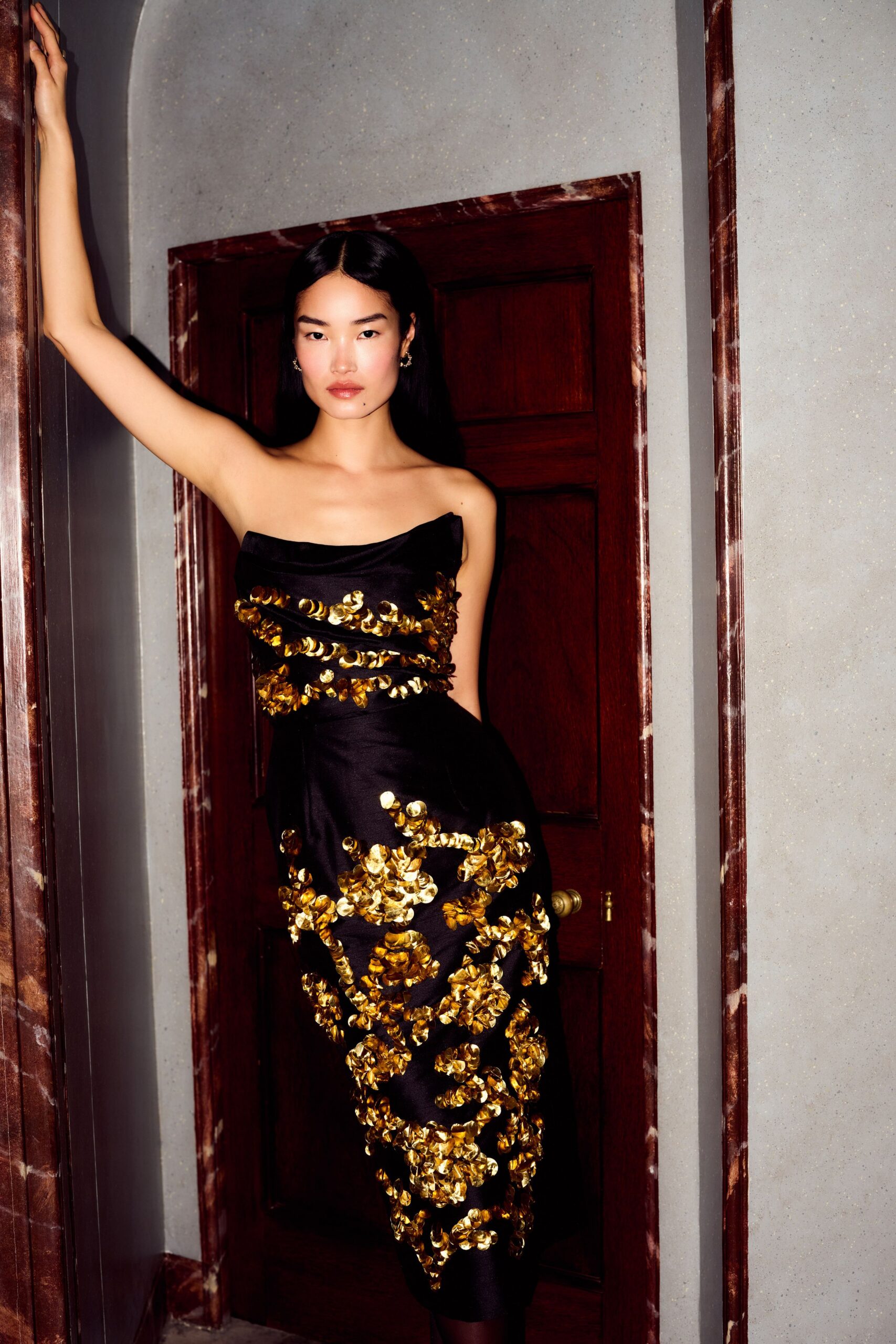 black silk strapless embellished dress