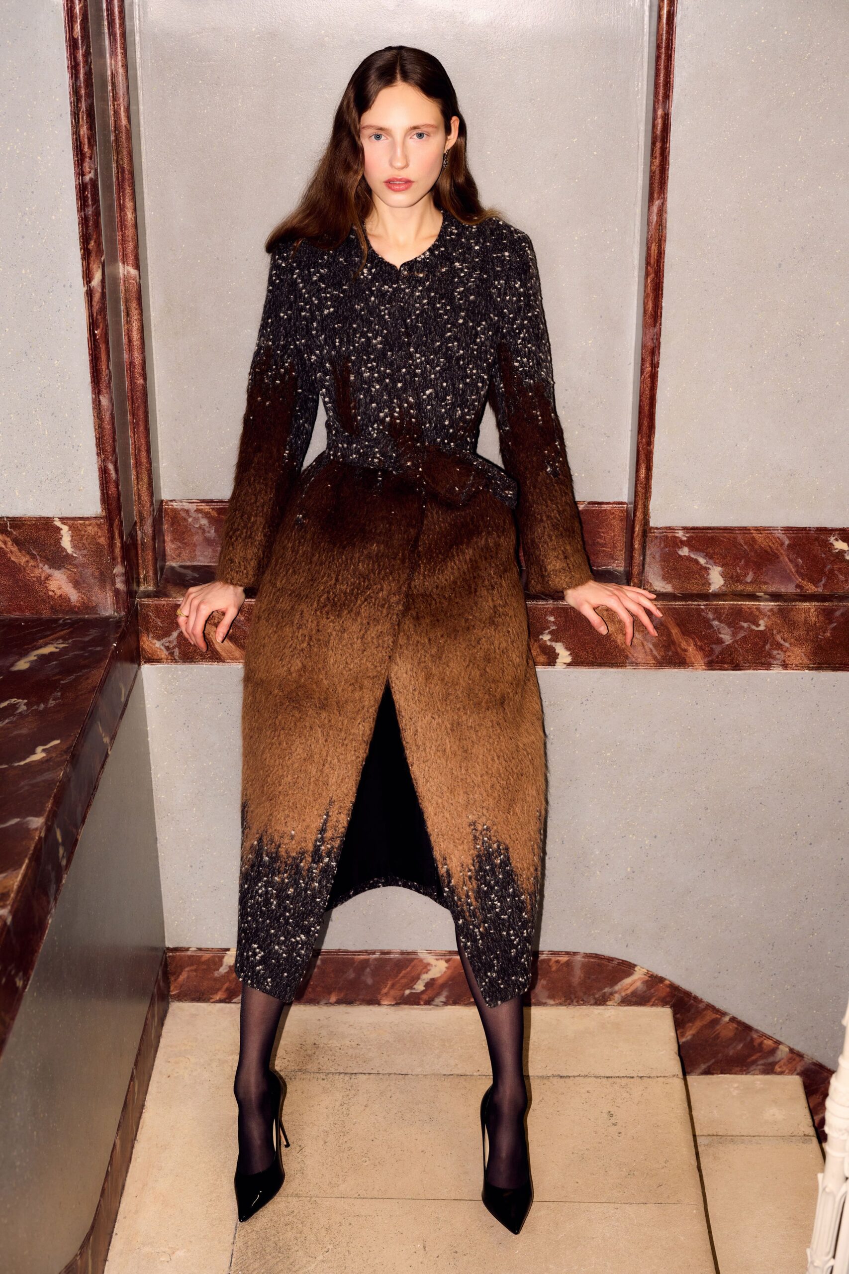 black wool long-sleeve collared fitted layered ombre coat