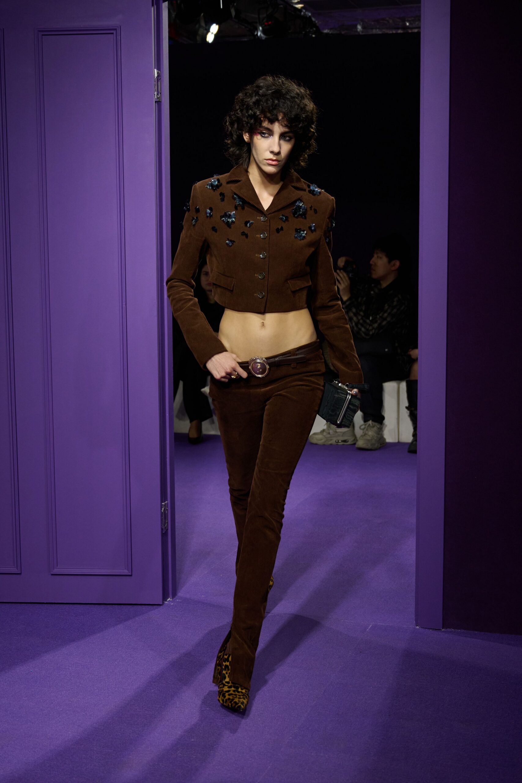 brown velvet long-sleeve collared fitted buttoned embroidered jacket