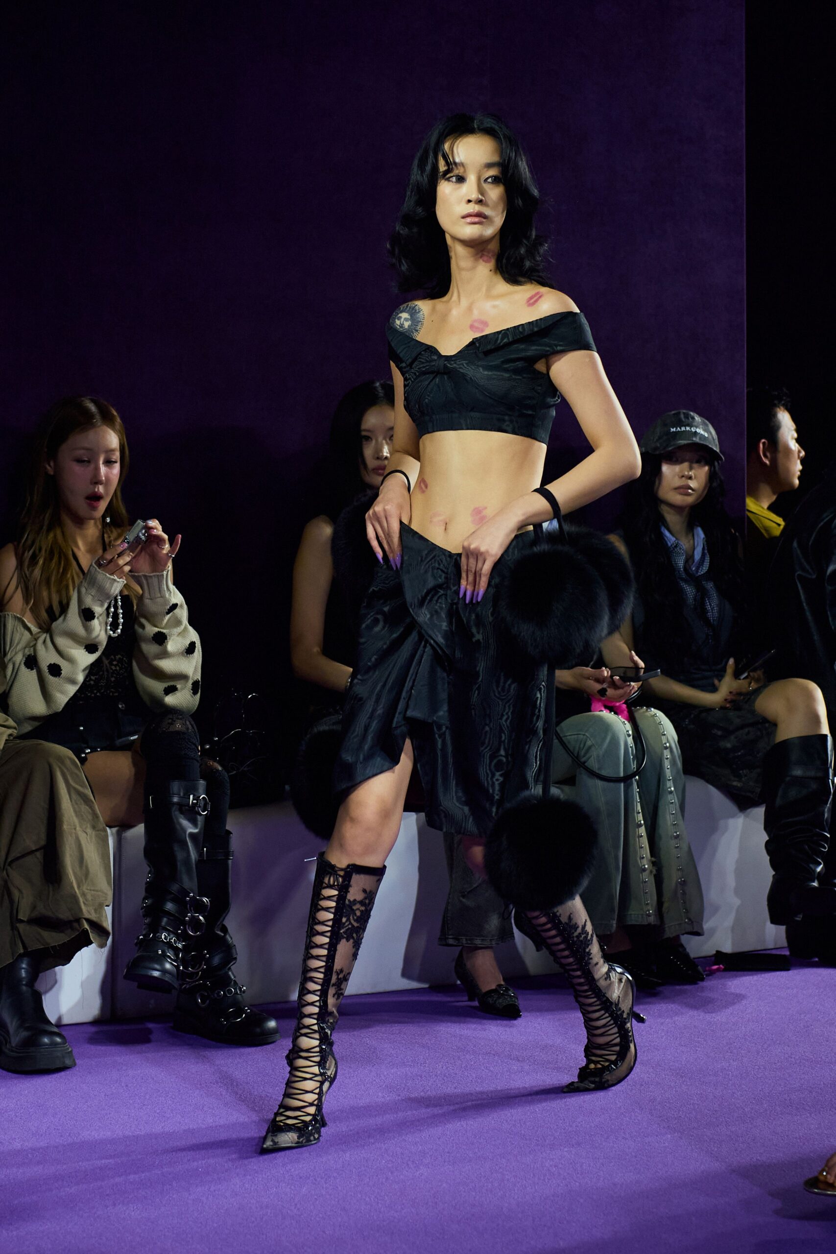 black silk sleeveless off-shoulder fitted ruched crop-top