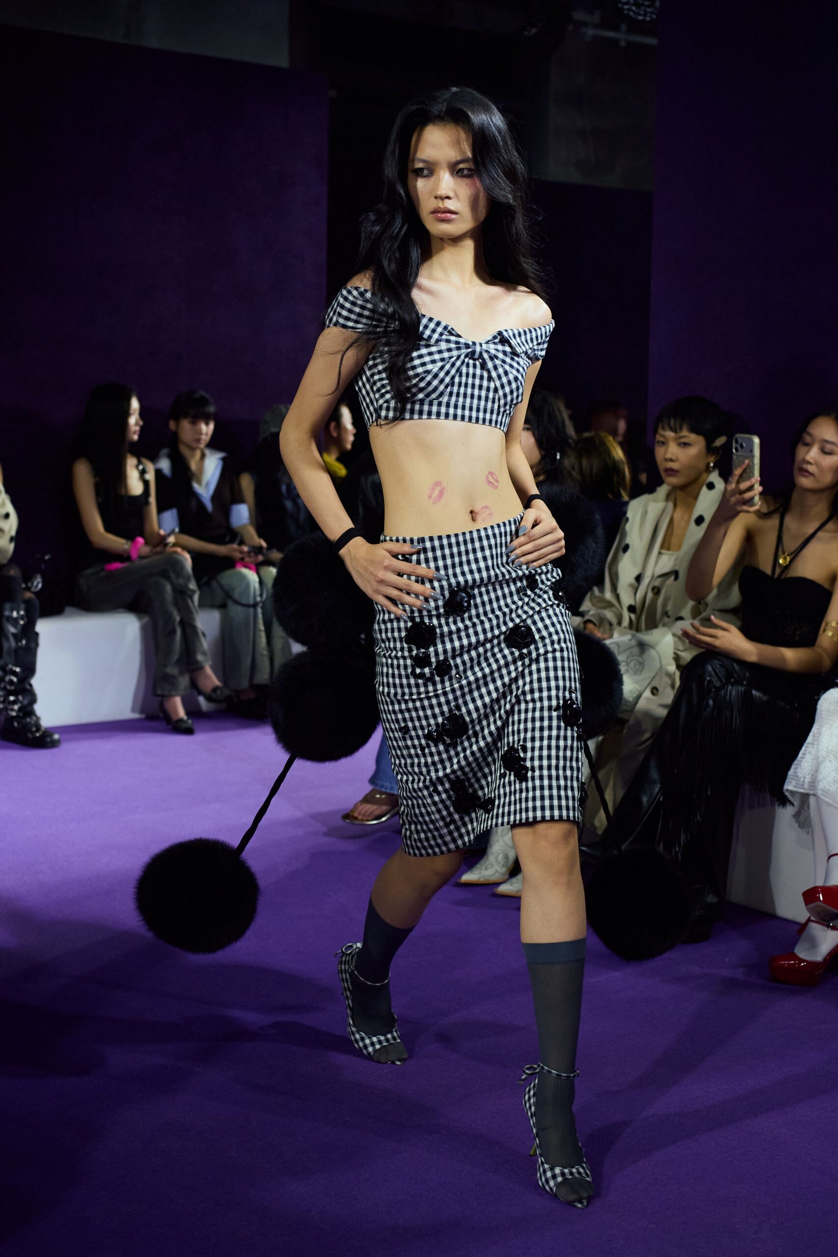 black cotton sleeveless off-shoulder fitted checked short crop-top