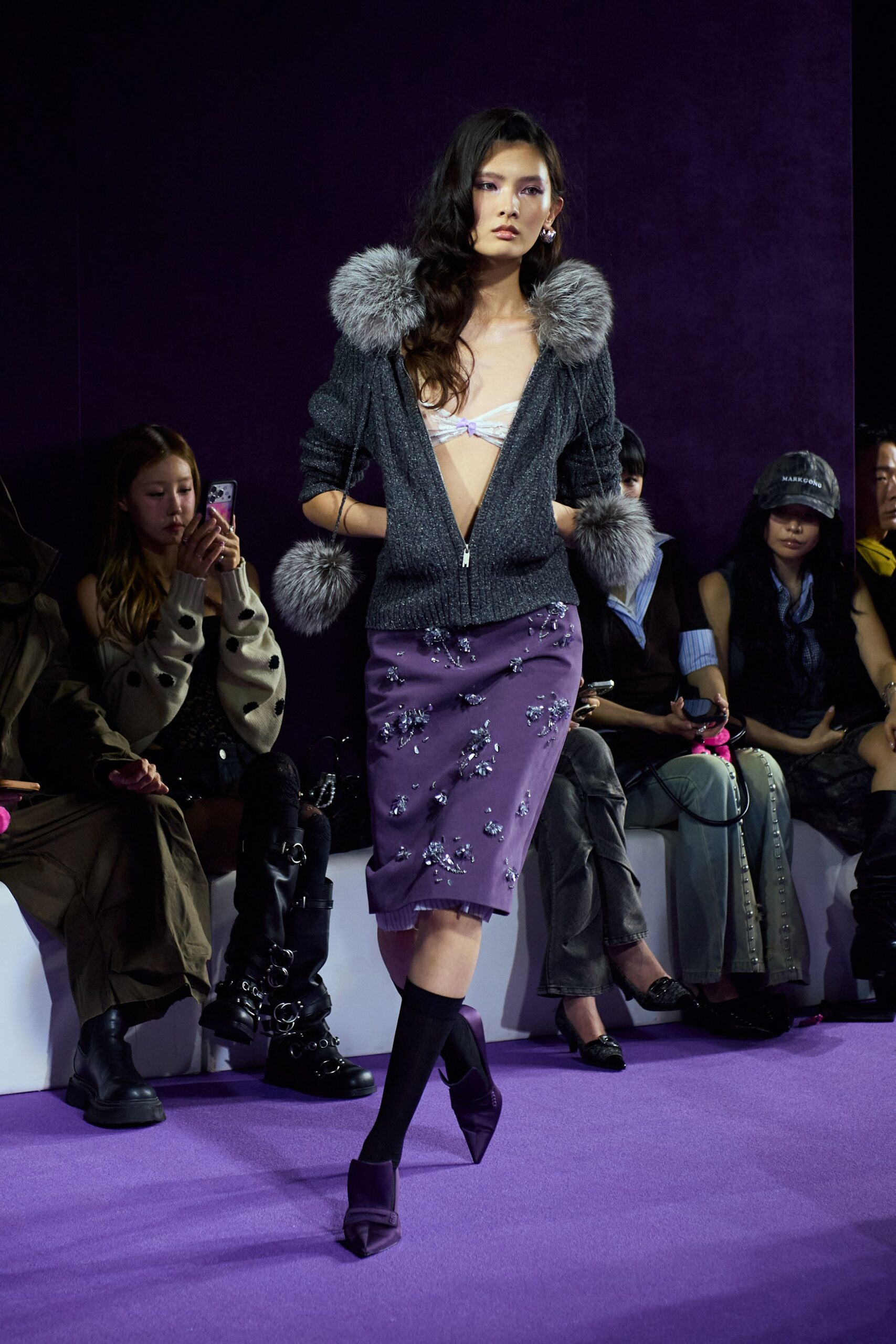 gray wool long-sleeve hooded fitted embellished jacket