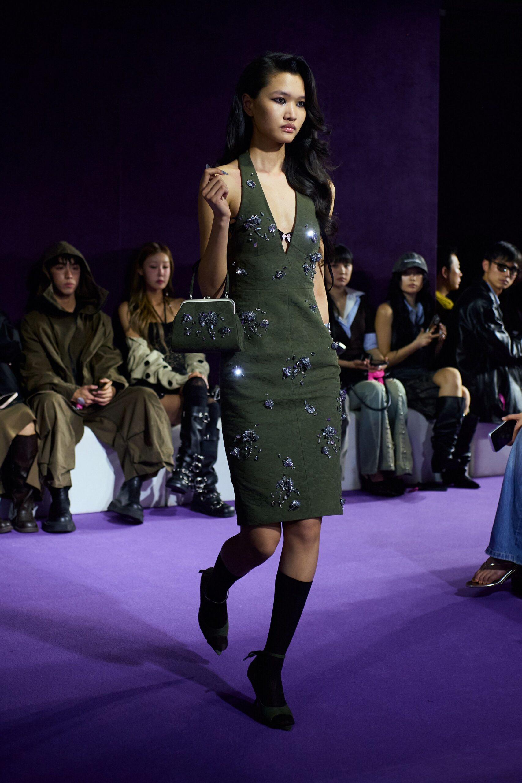 green cotton sleeveless v-neck fitted embroidered mini dress