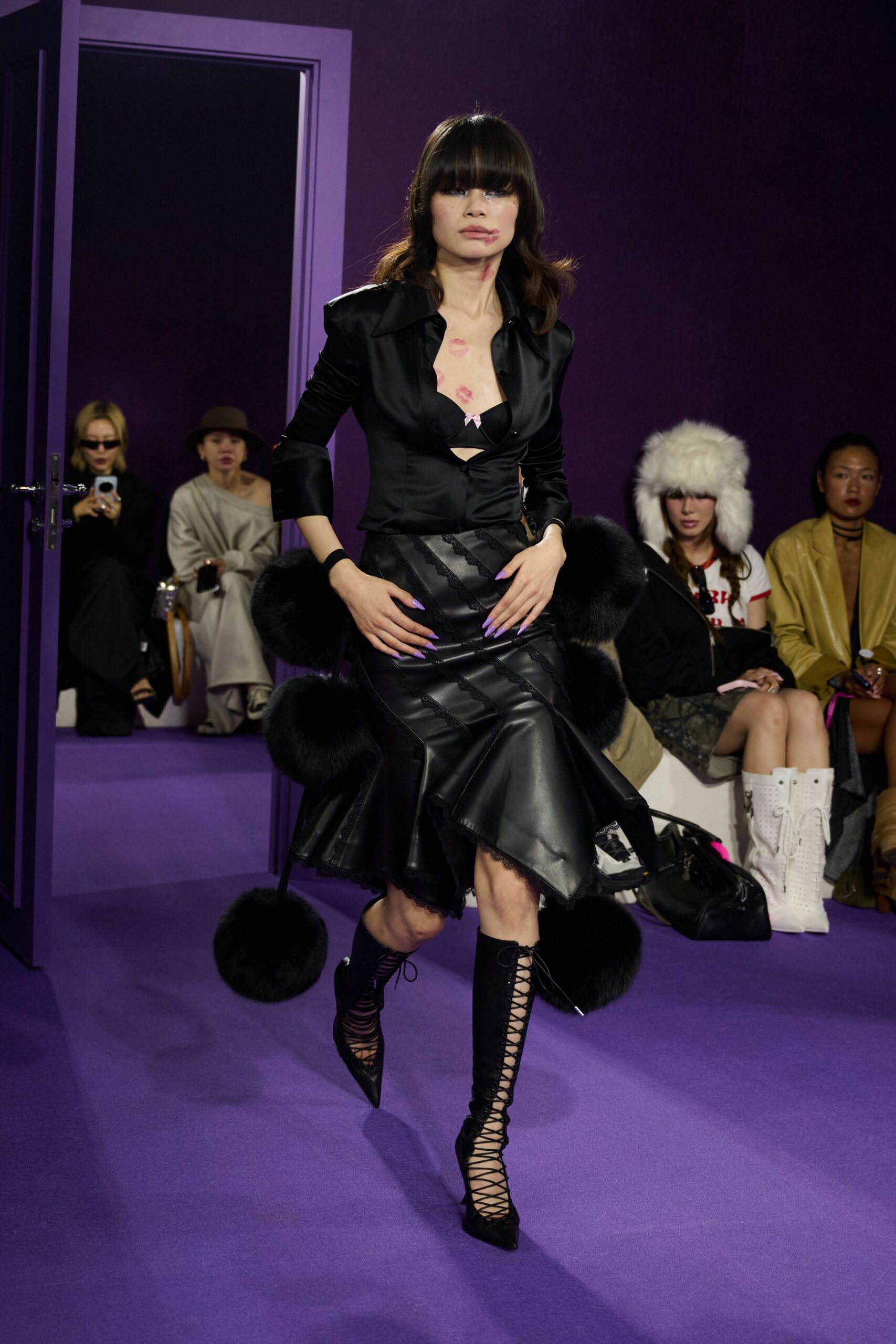black leather long-sleeve v-neck fitted ruffled tiered dress