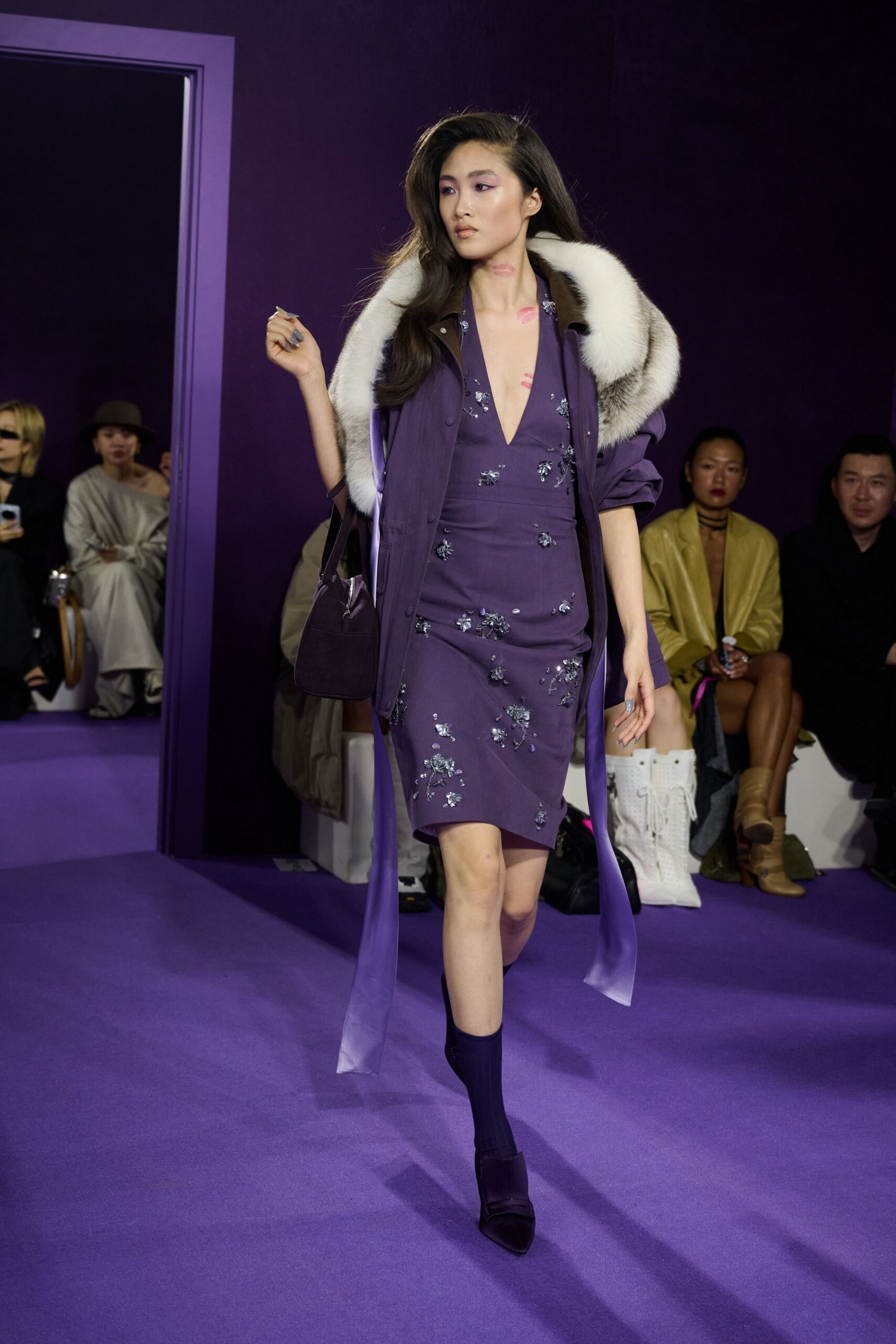 purple silk sleeveless v-neck fitted embroidered mini dress