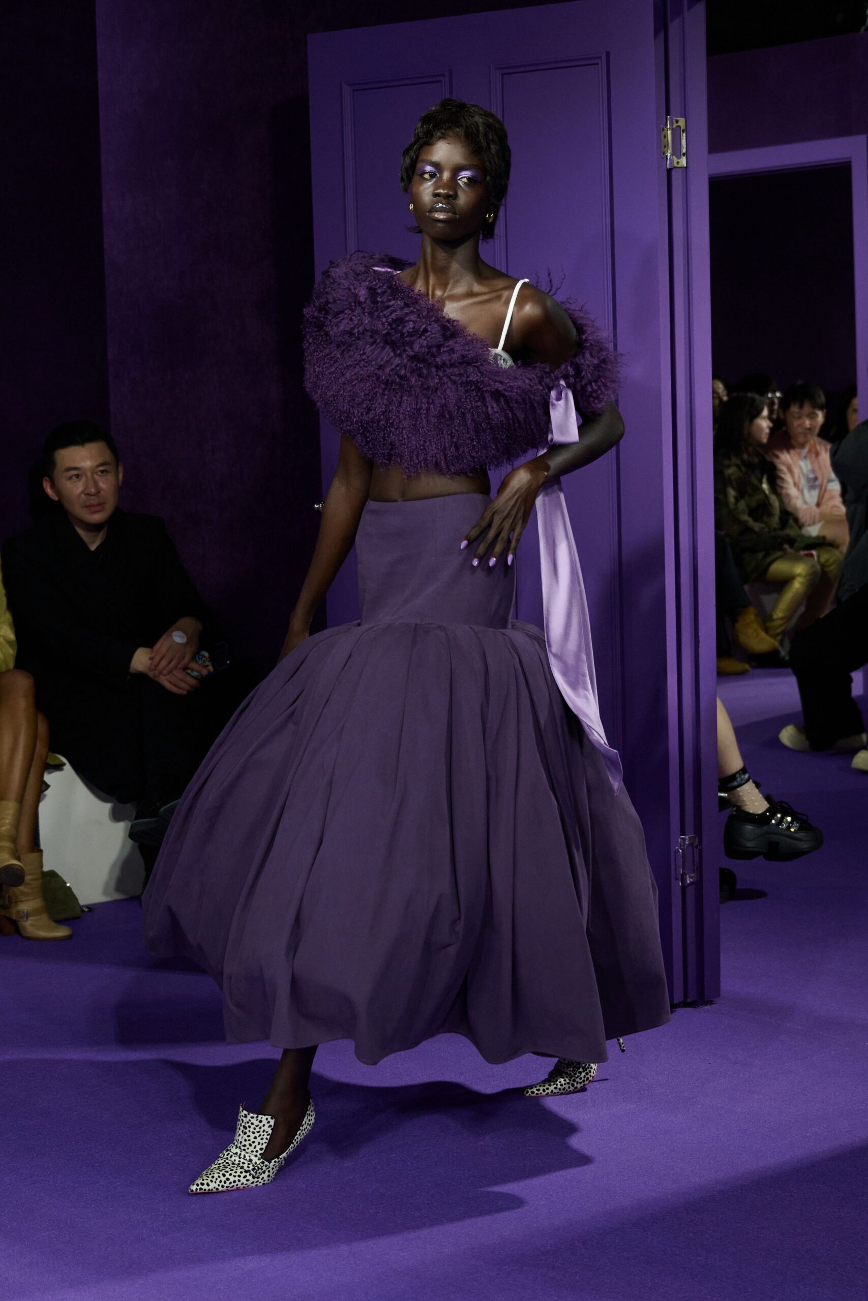 purple silk sleeveless off-shoulder fitted ruffled top