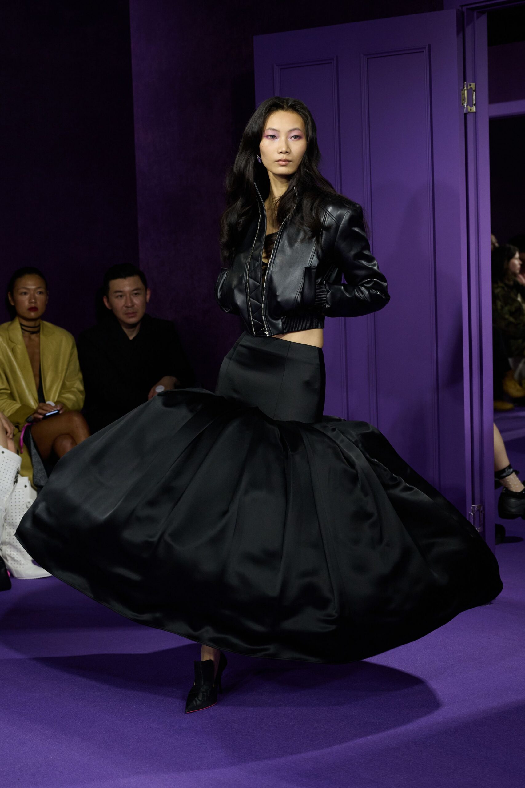 black silk fitted flared flowing midi skirt