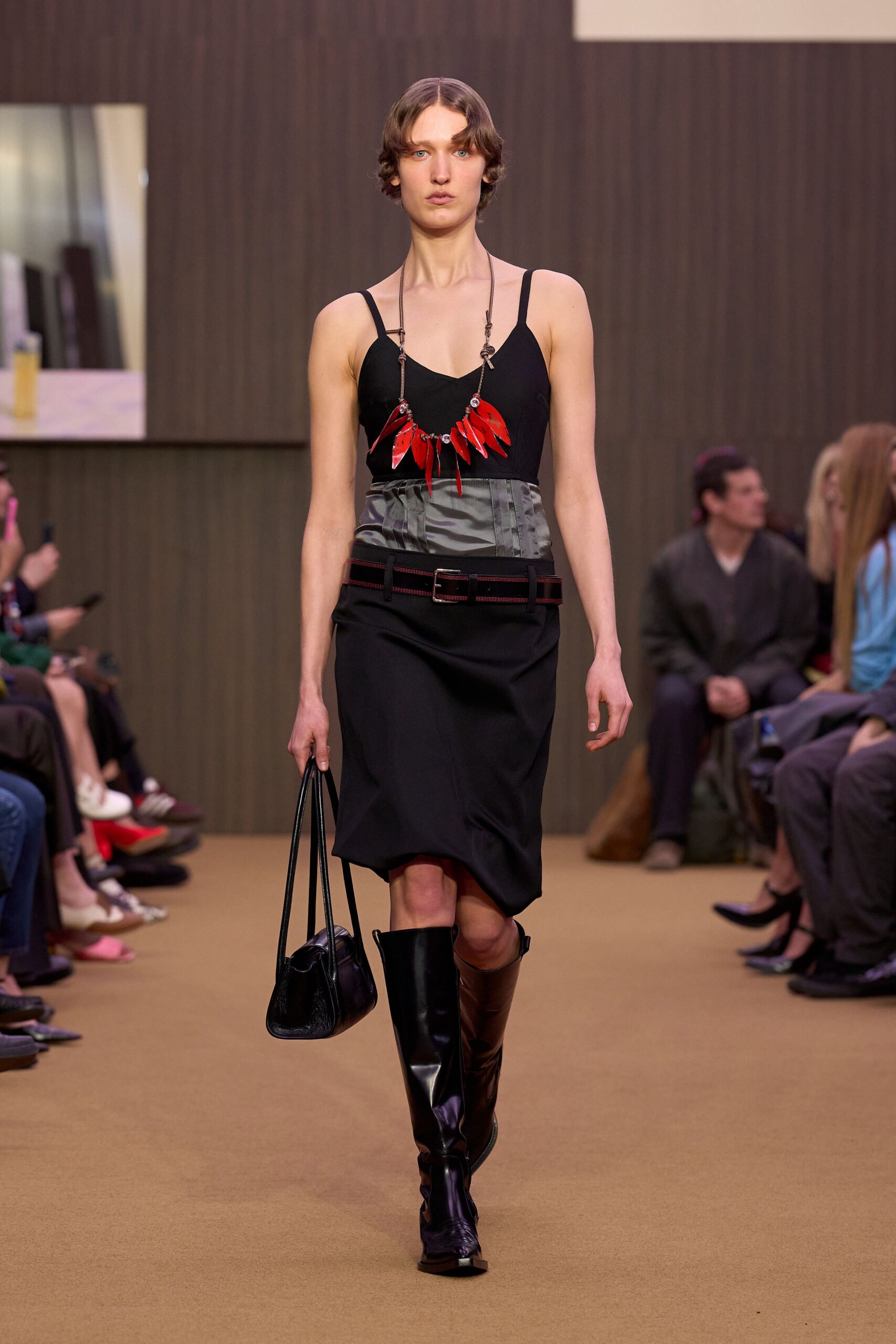 black fitted midi dress with boots