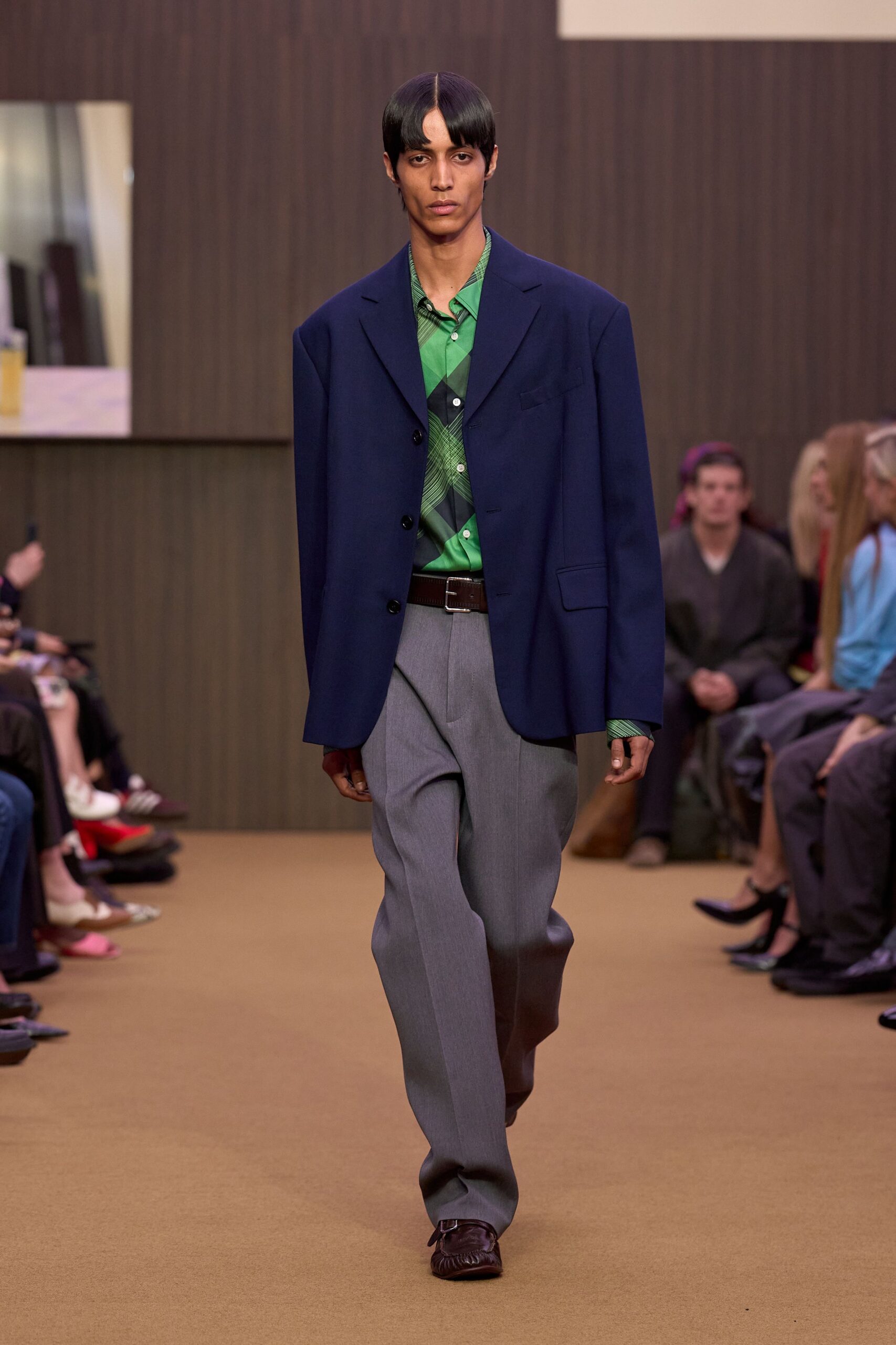 oversized navy blazer with green shirt