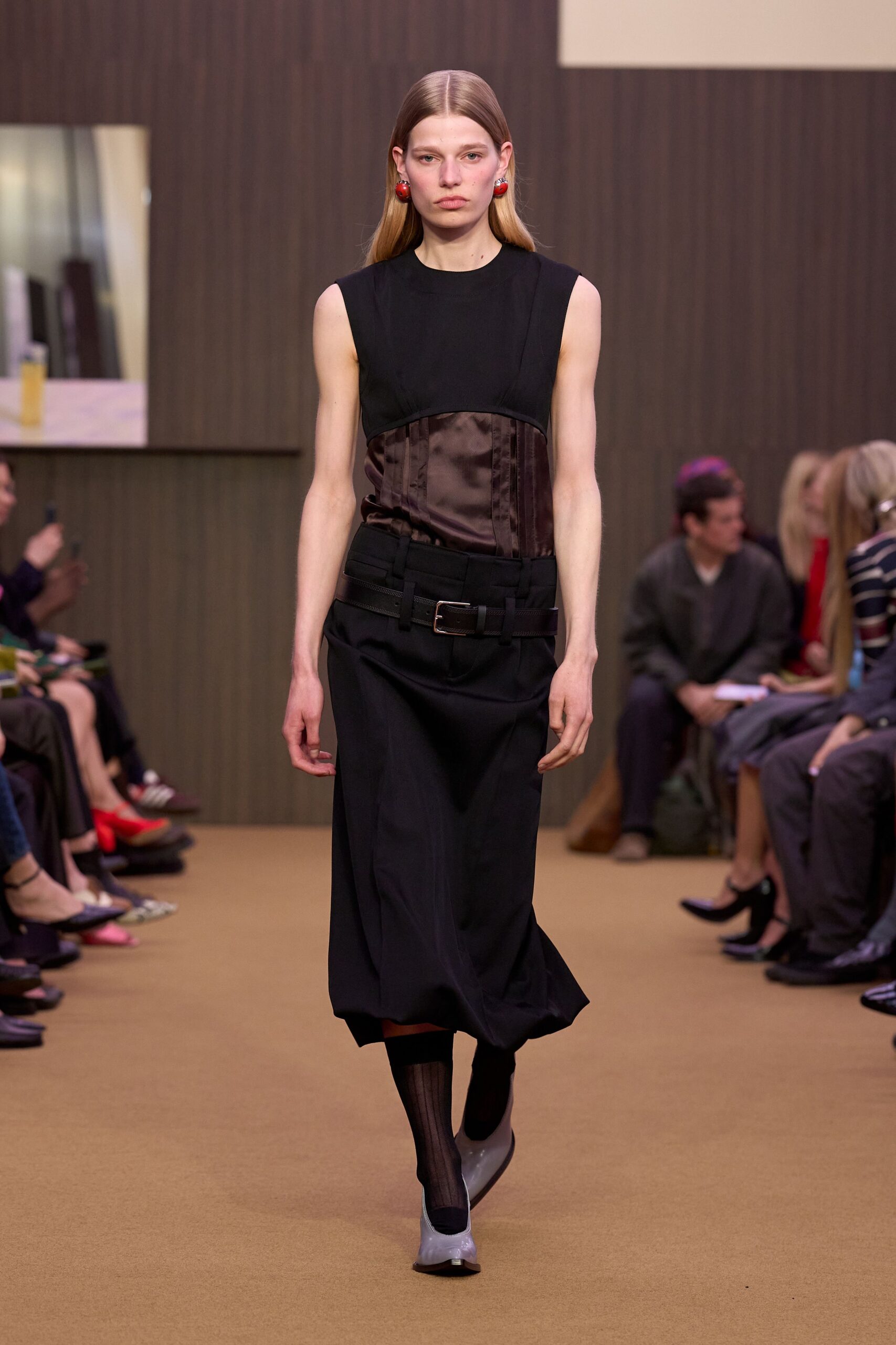 black cotton sleeveless v-neck fitted layered belted dress