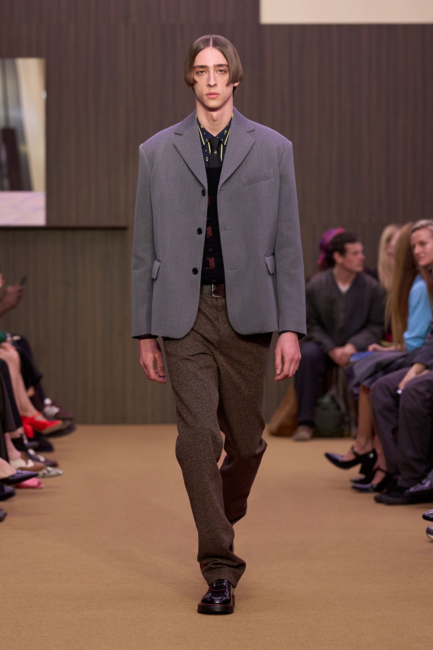 brown wool slim straight-leg pants