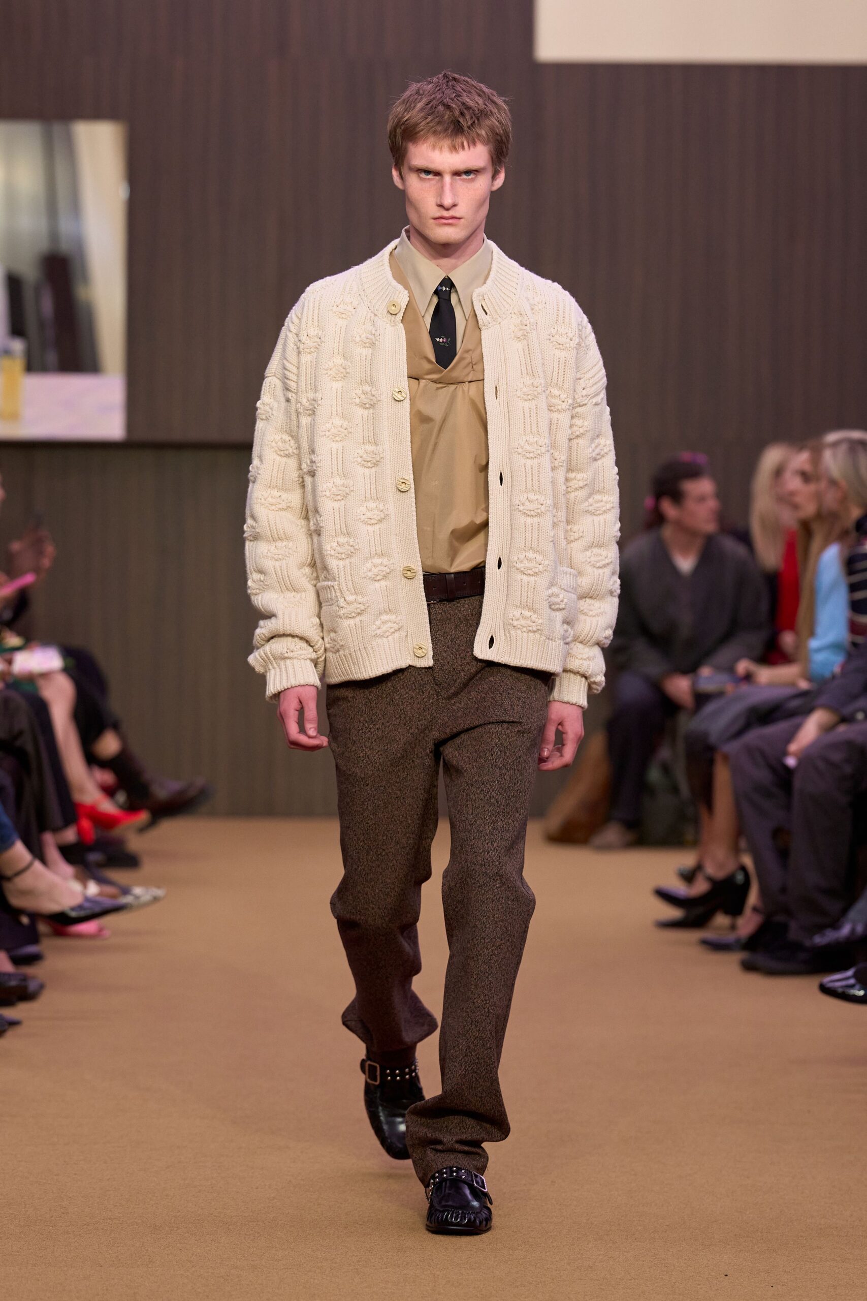 beige wool long-sleeve relaxed textured cardigan