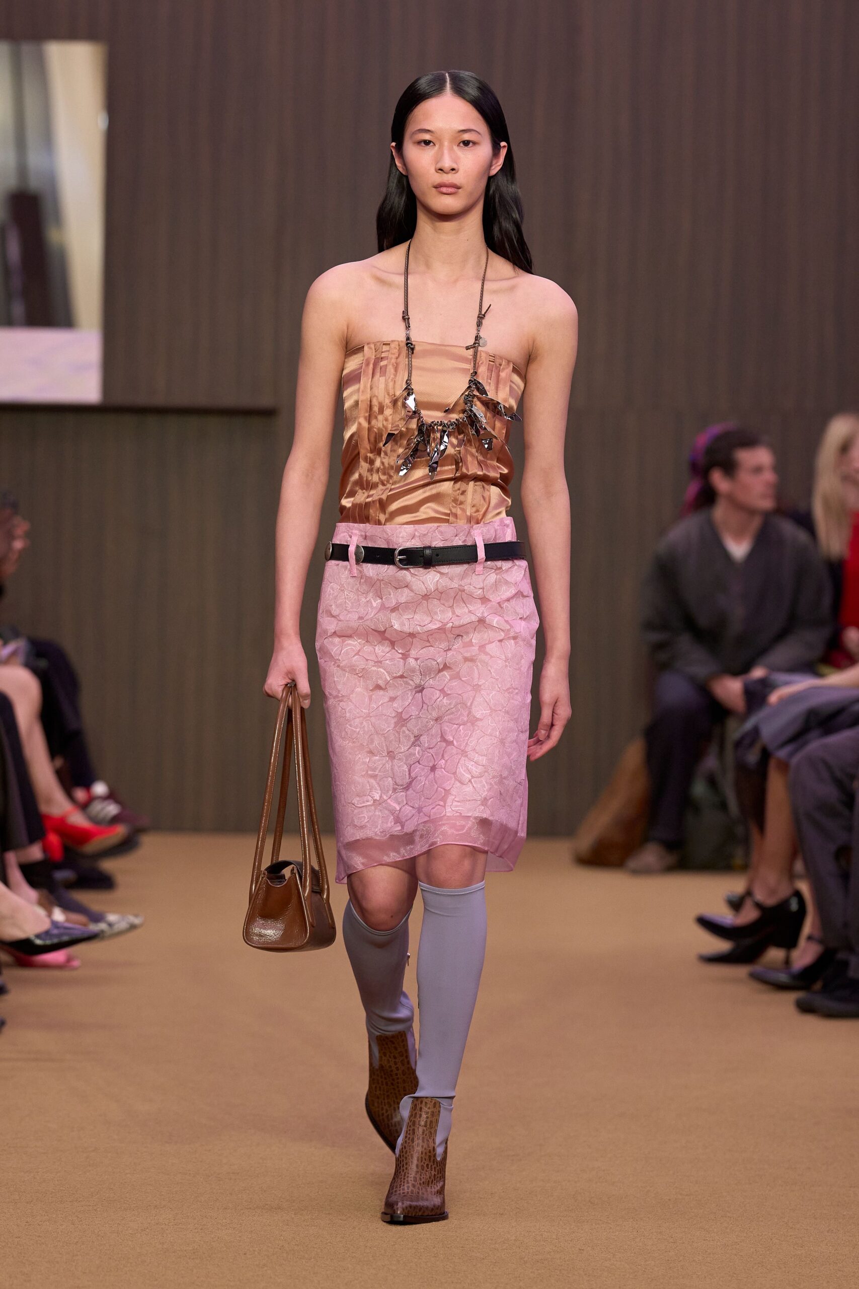 brown silk strapless fitted draped top