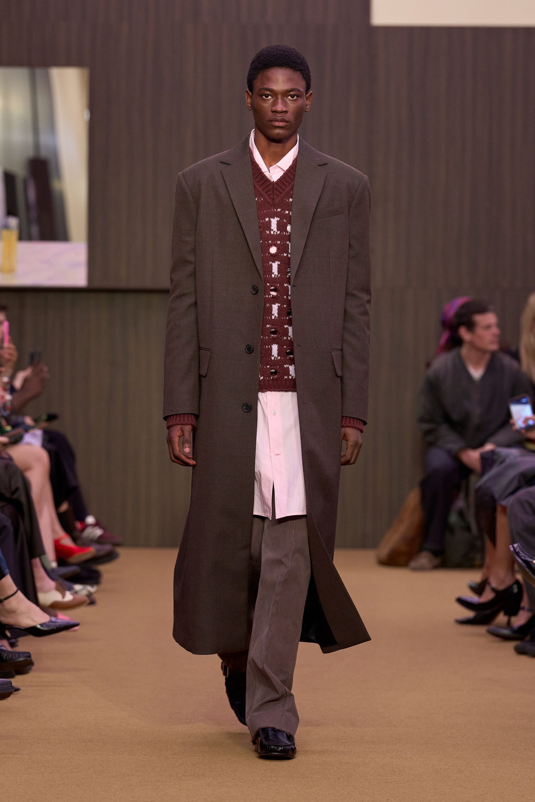 brown wool long-sleeve collared relaxed buttoned maxi coat