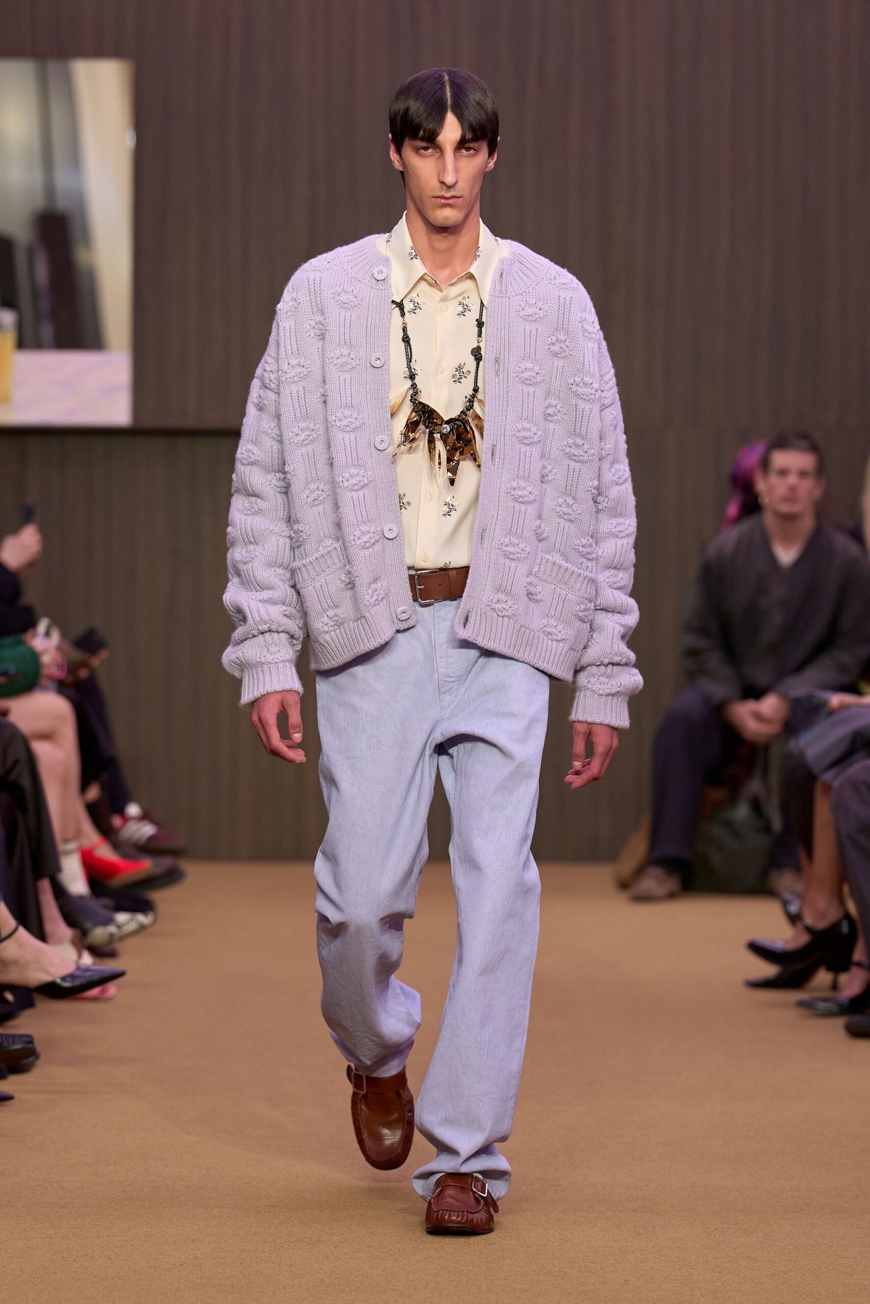 lavender knitted cardigan with denim pants