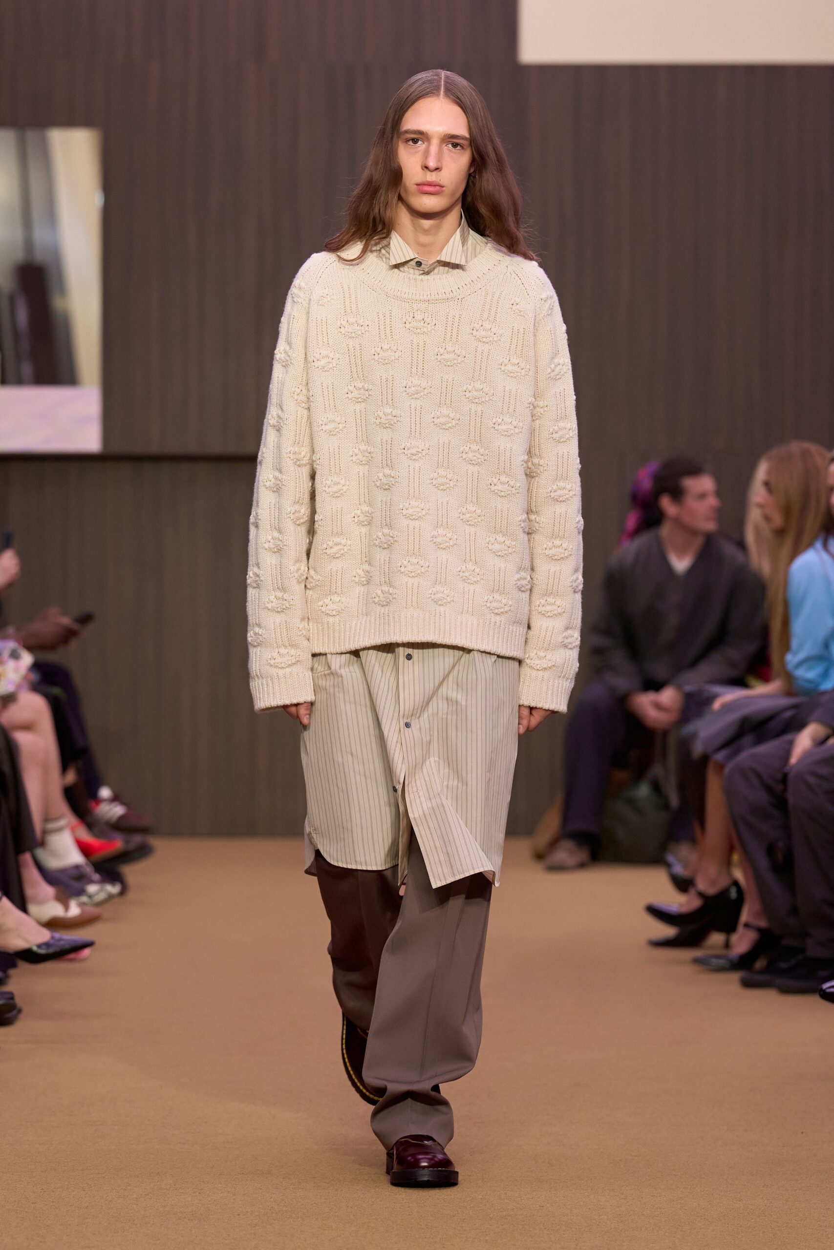 beige wool long-sleeve collared relaxed textured sweater