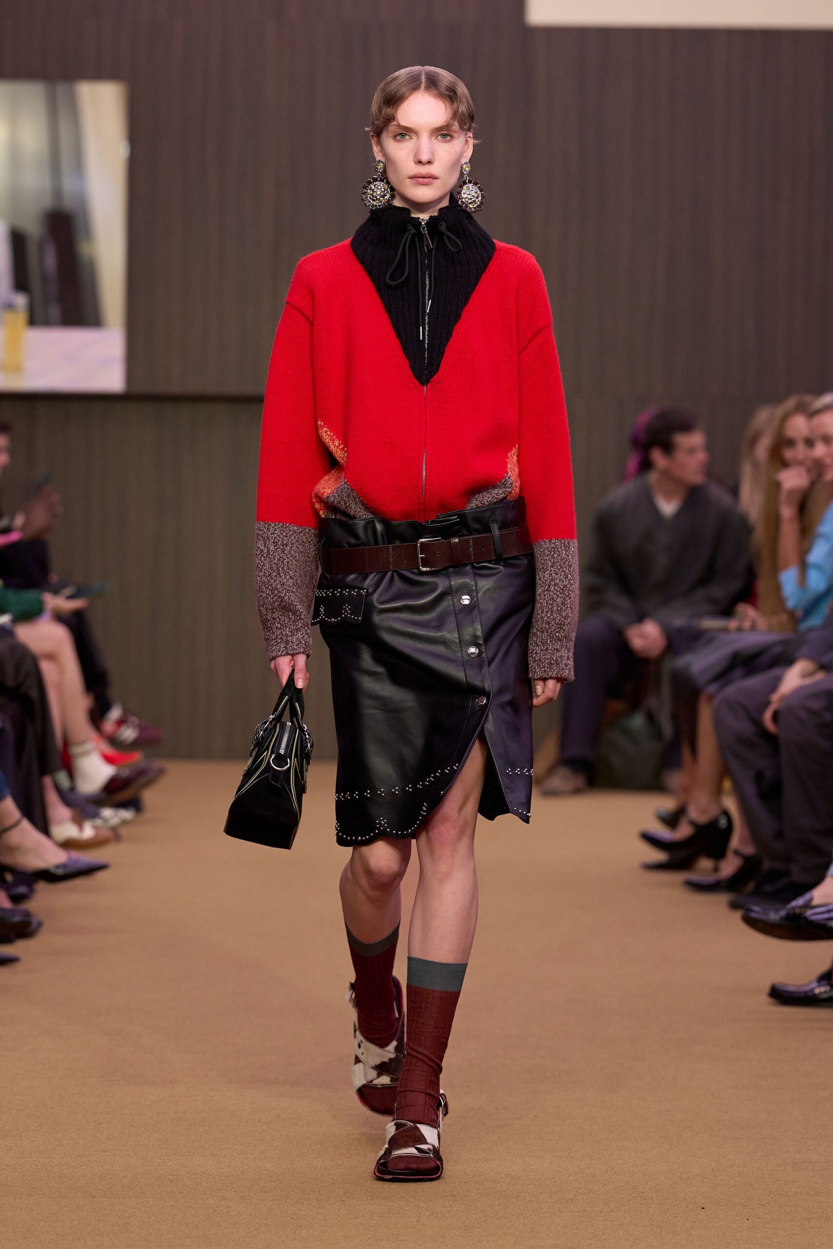 red wool long-sleeve collared oversized color-blocked sweater