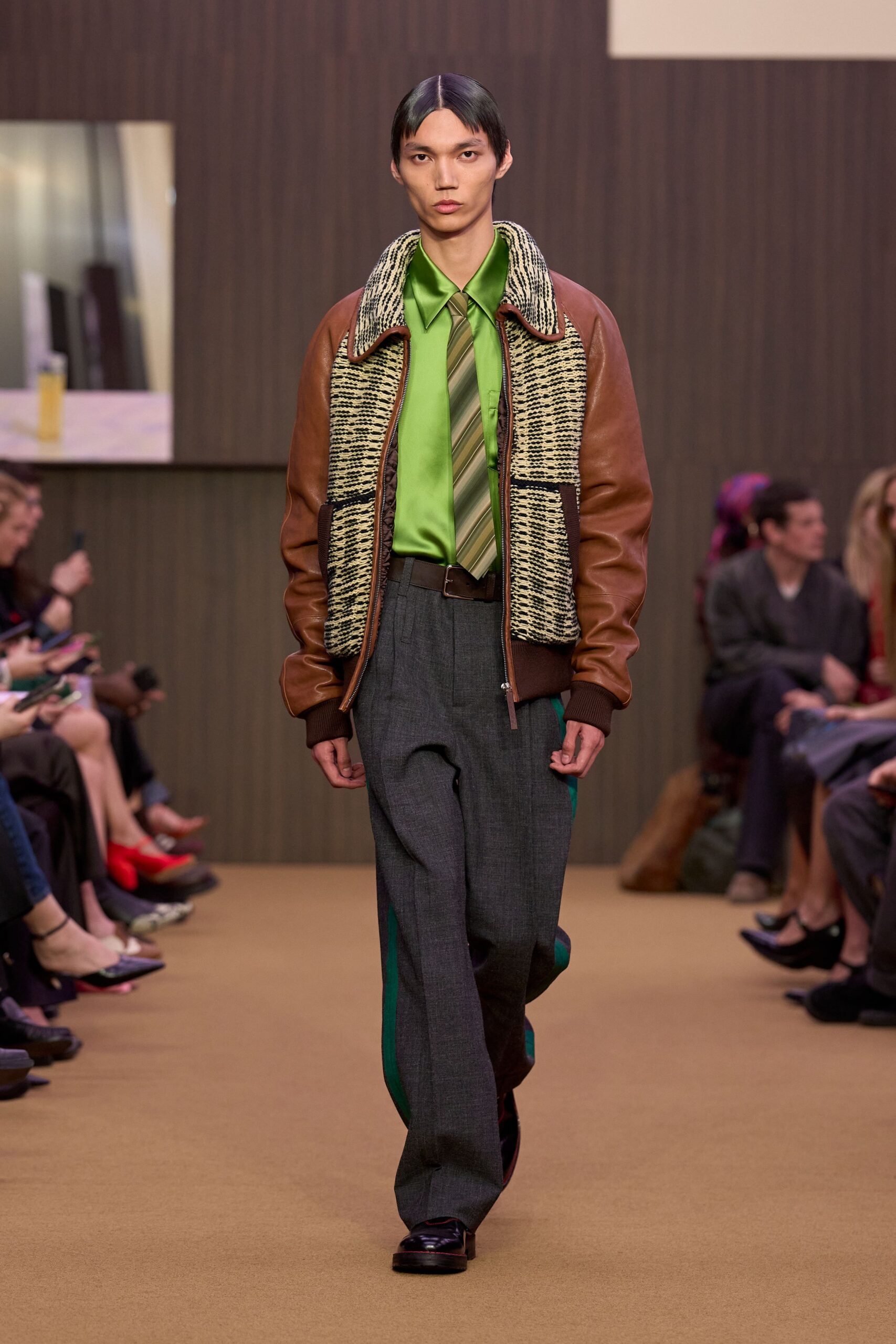brown leather jacket green shirt gray pants