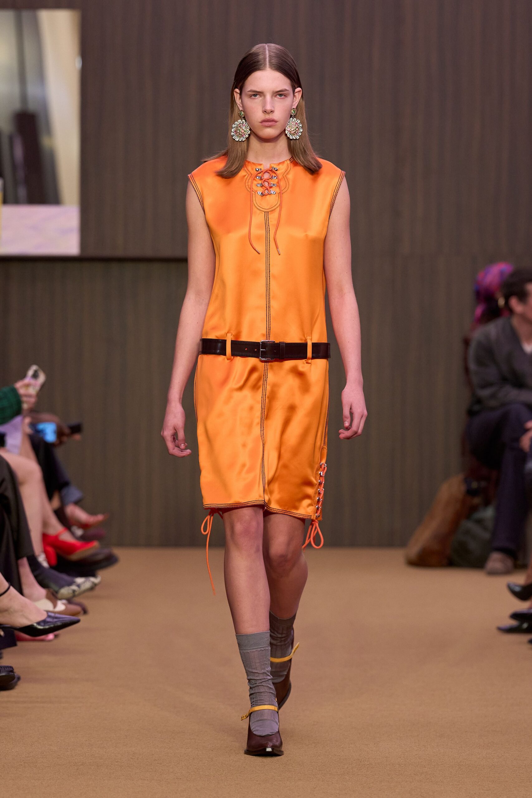 orange satin sleeveless fitted zippered ruched mini dress