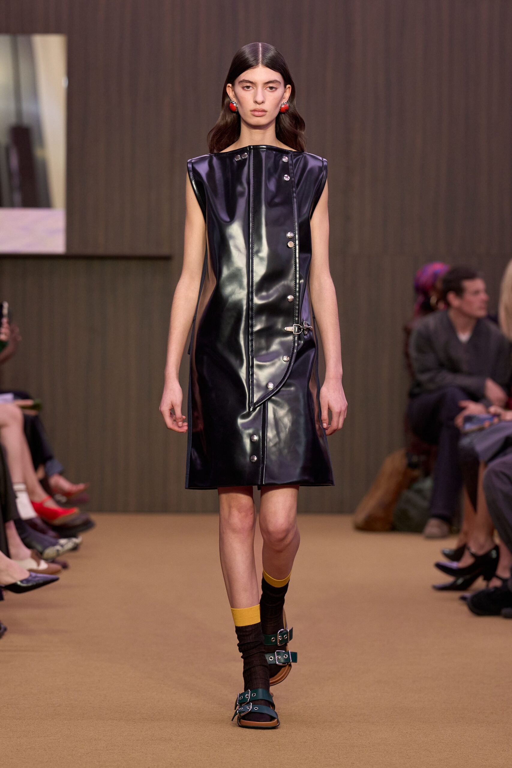 black vinyl sleeveless collared fitted zippered shiny dress