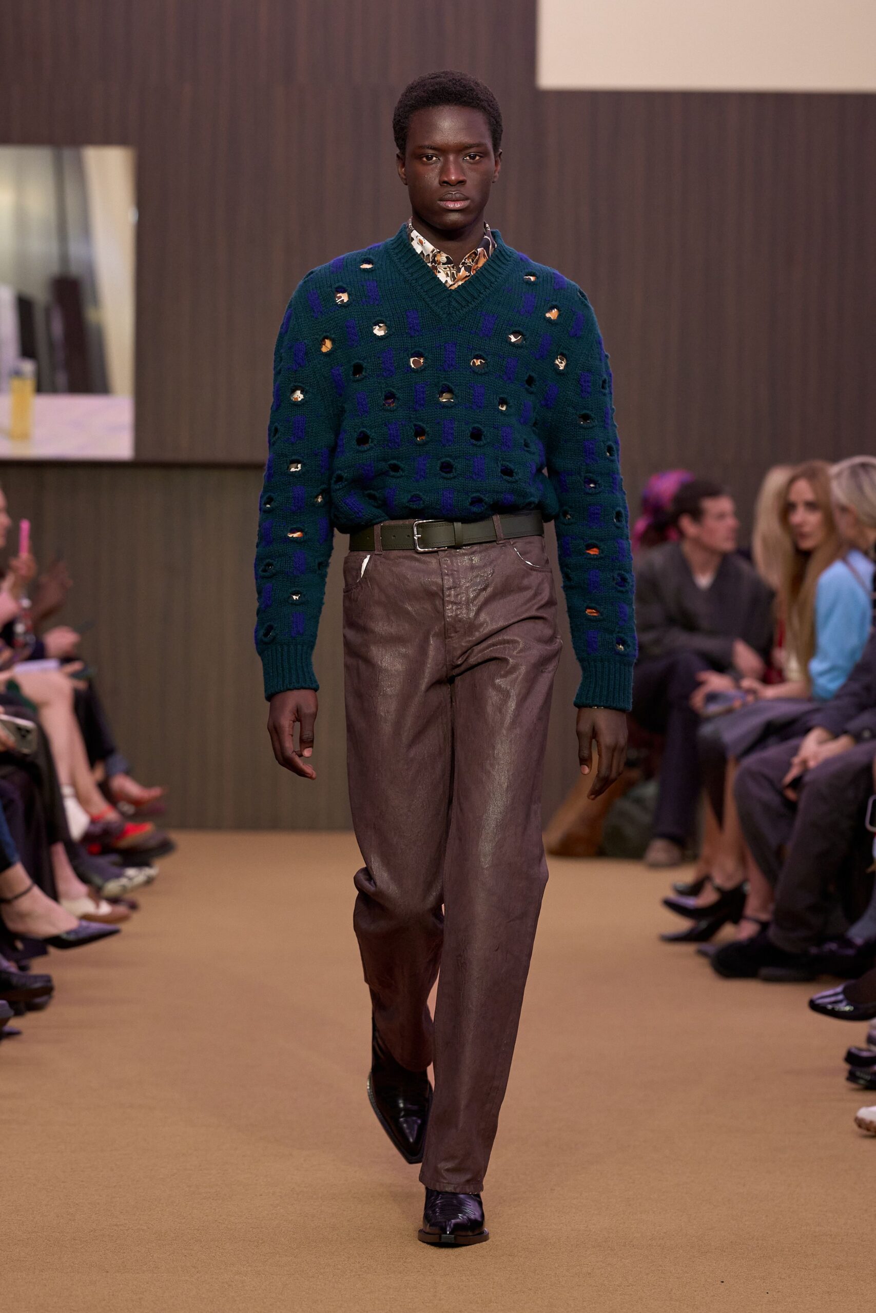 brown leather slim straight-leg pants