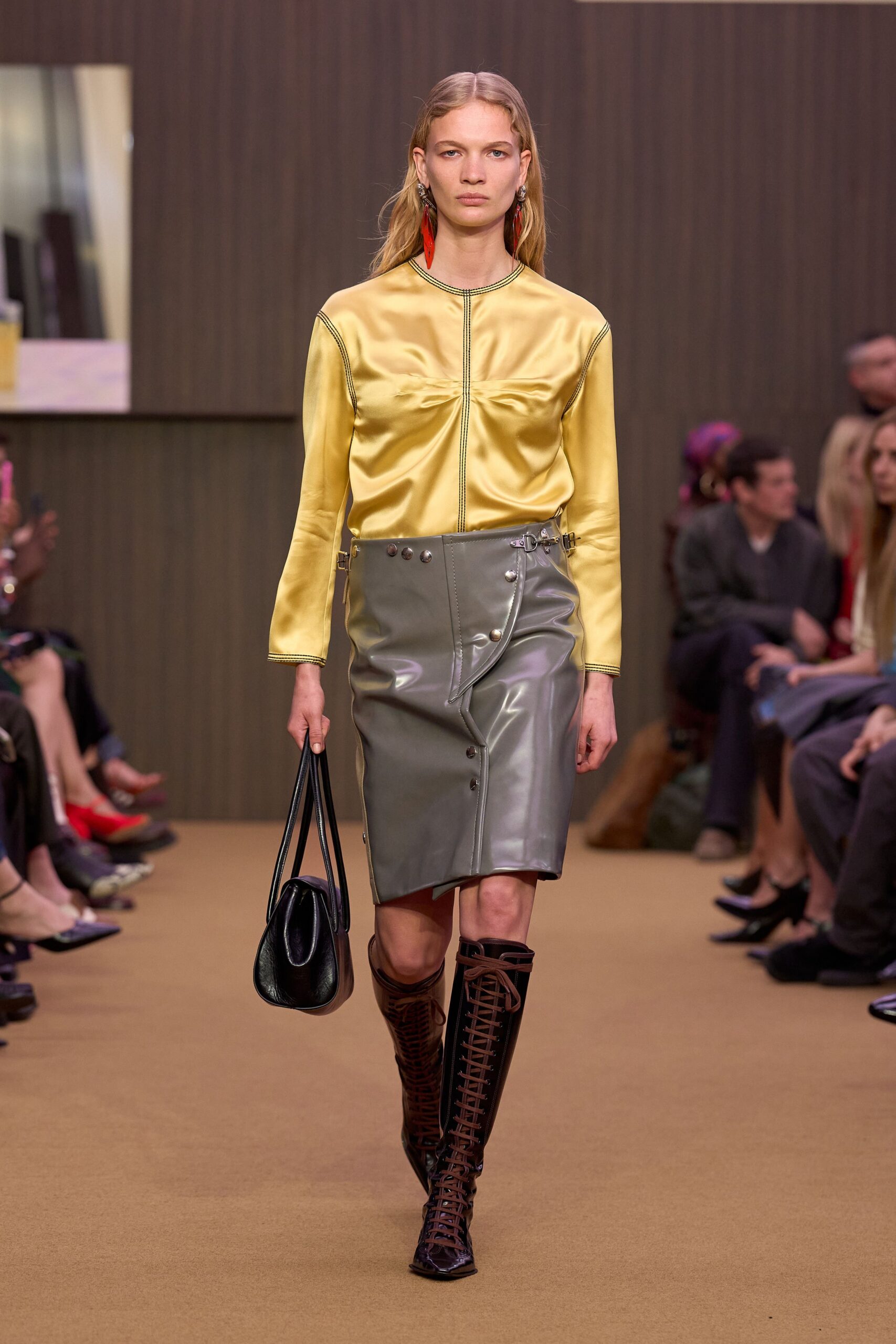 yellow silk long-sleeve collared fitted zippered shirt
