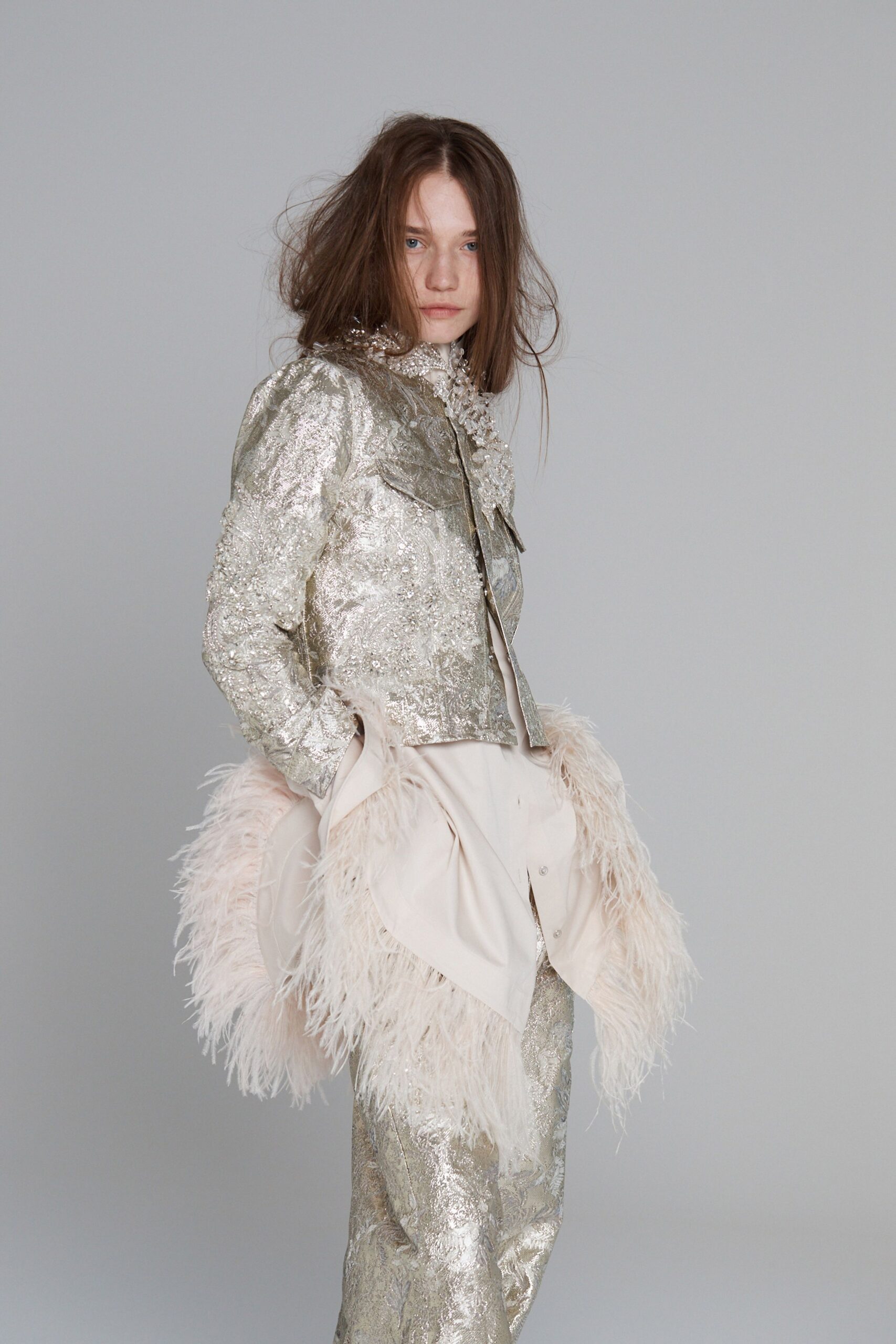 gray metallic long-sleeve collared fitted embellished shiny jacket