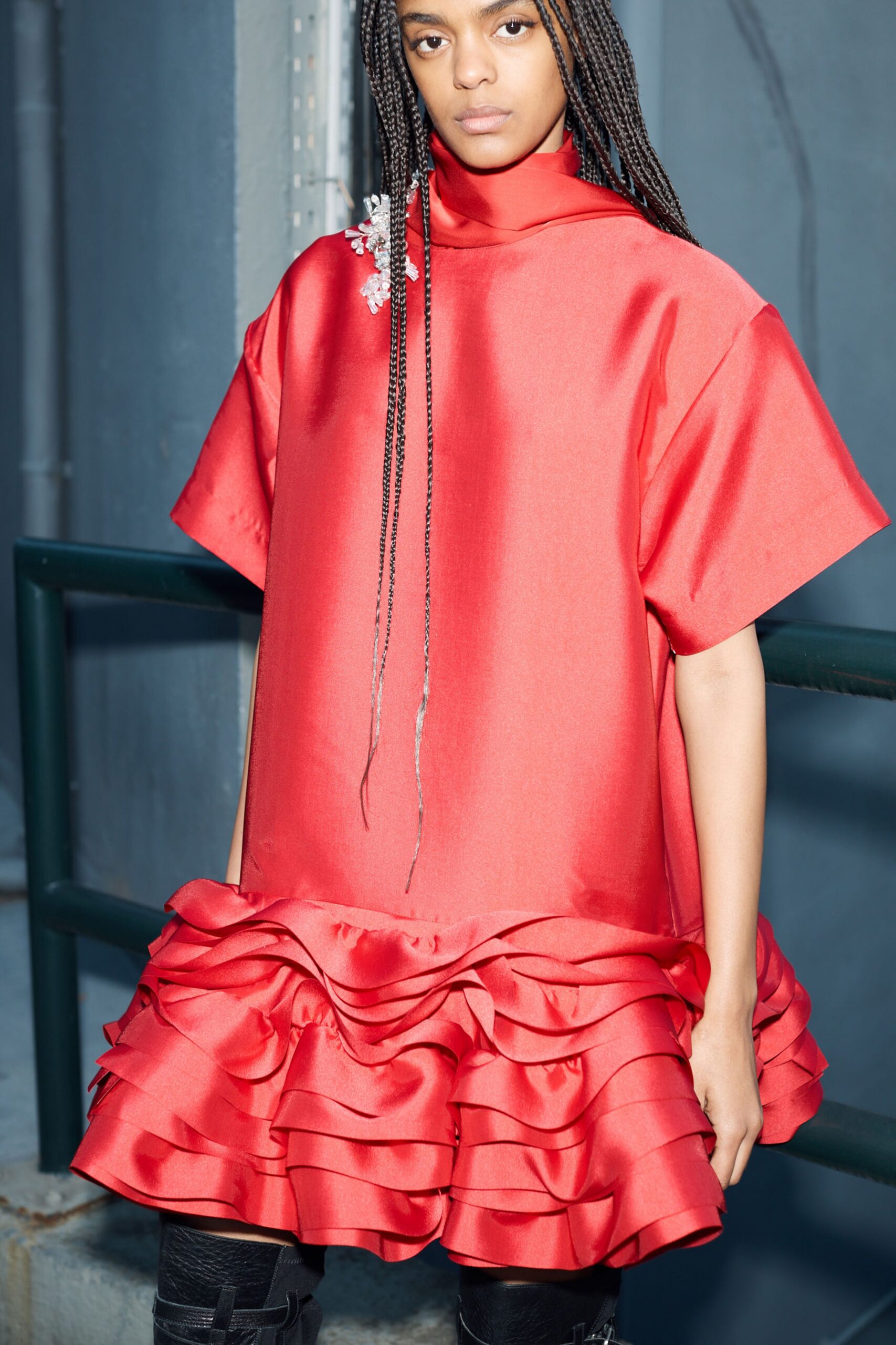 red silk ruffled mini dress